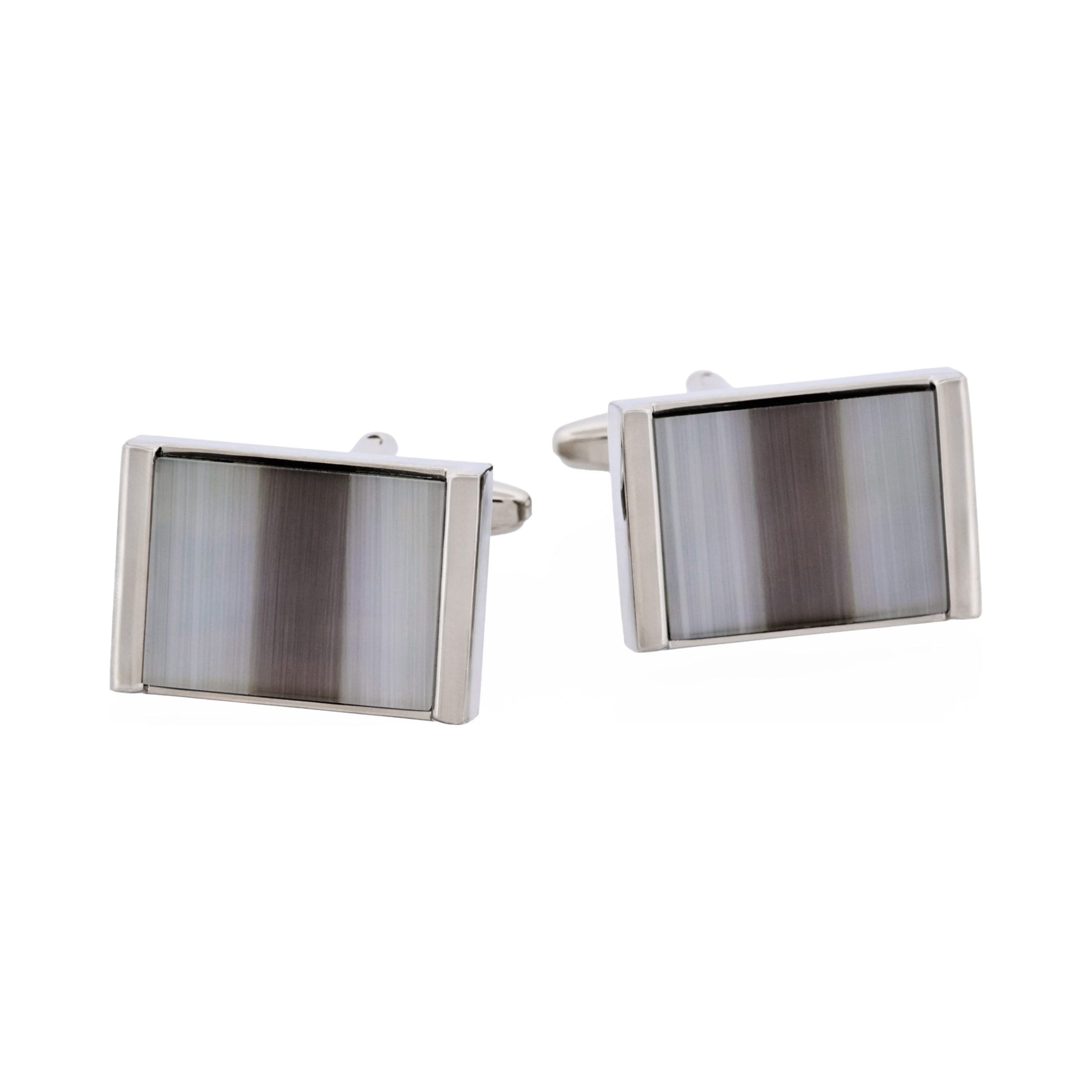Rhodium Plated Grey & Charcoal Cat's Eye Rectangle Cufflinks