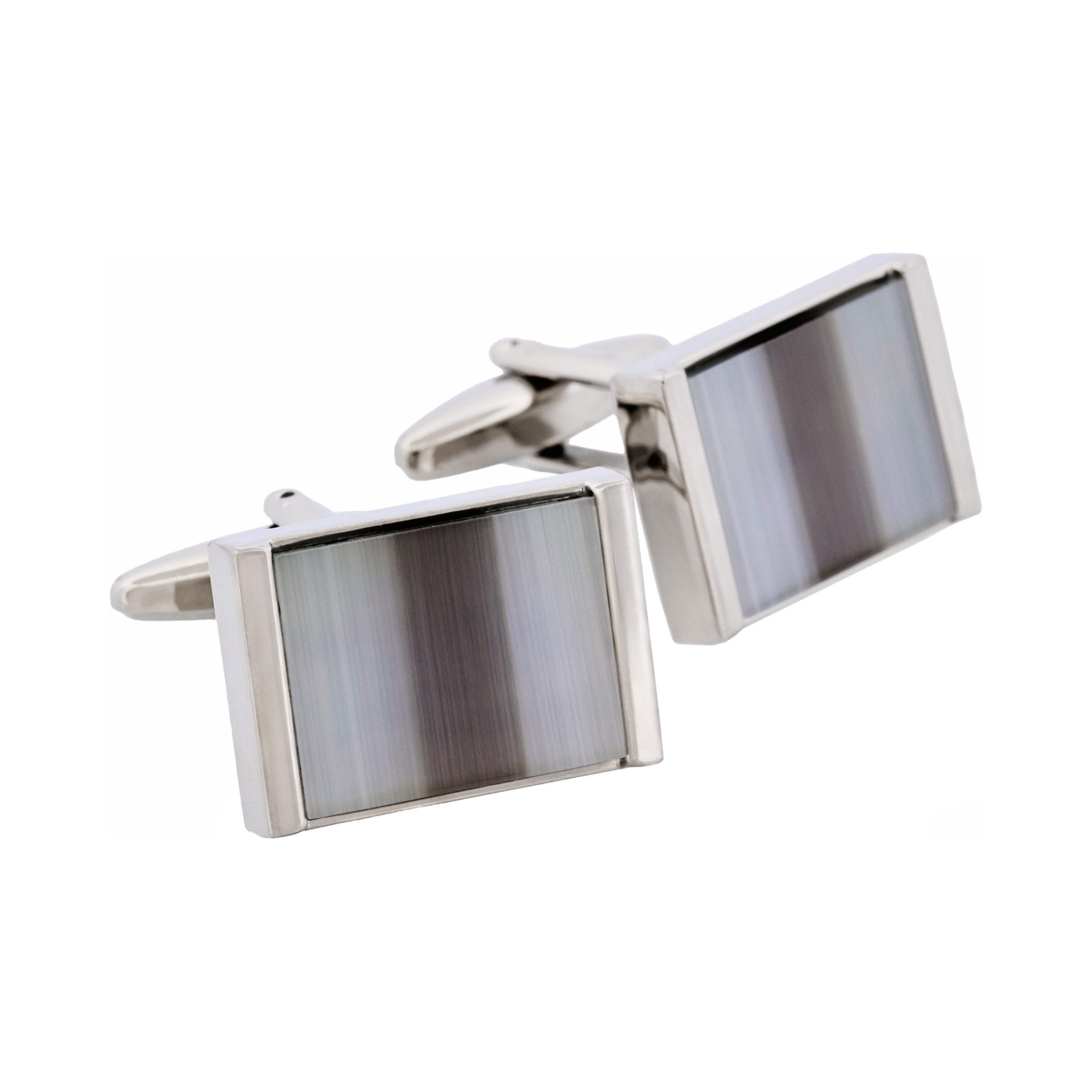 Rhodium Plated Grey & Charcoal Cat's Eye Rectangle Cufflinks