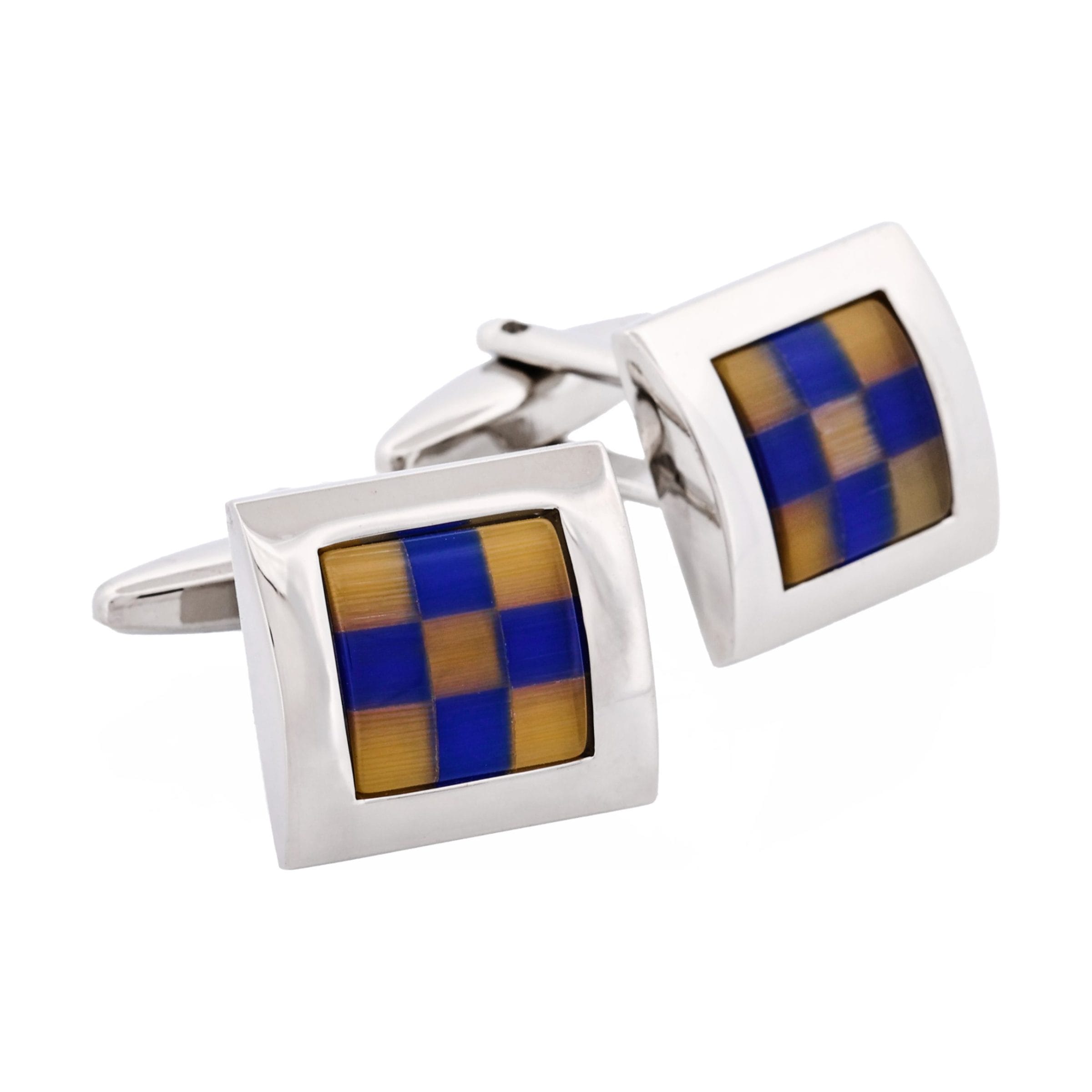 Blue & Yellow Check Square Rhodium Plated Cufflinks