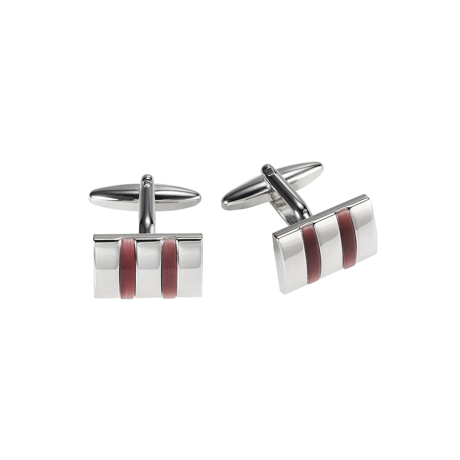 Rhodium Plated Rectangle Cufflinks with Double Maroon Cat's Eye Inlays