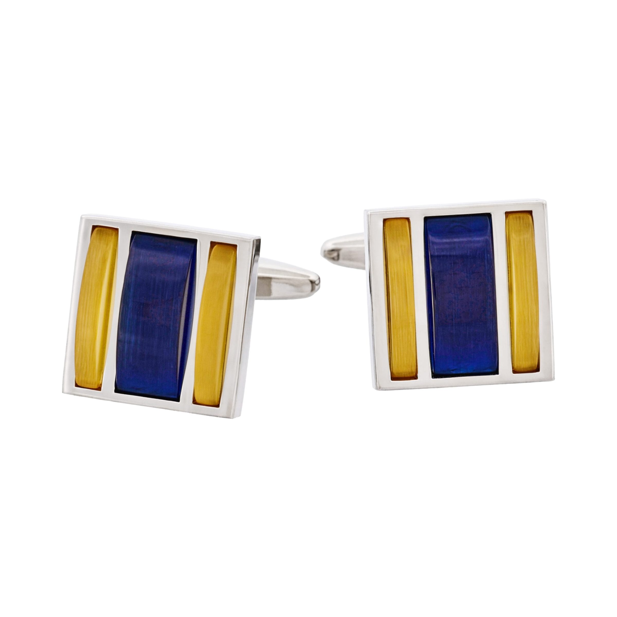 Rhodium Plated Square Gold & Navy Cat's Eye Cufflinks