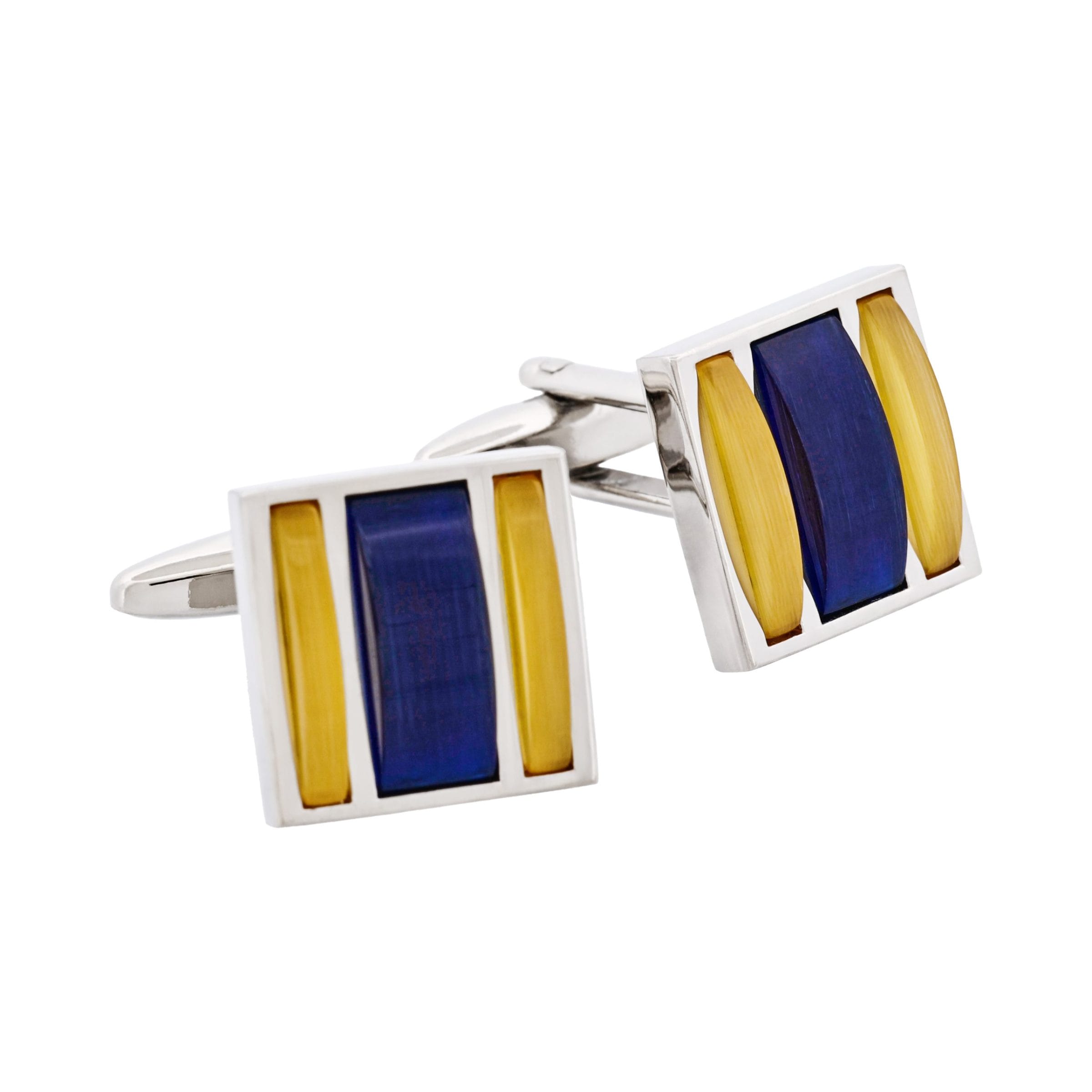 Rhodium Plated Square Gold & Navy Cat's Eye Cufflinks