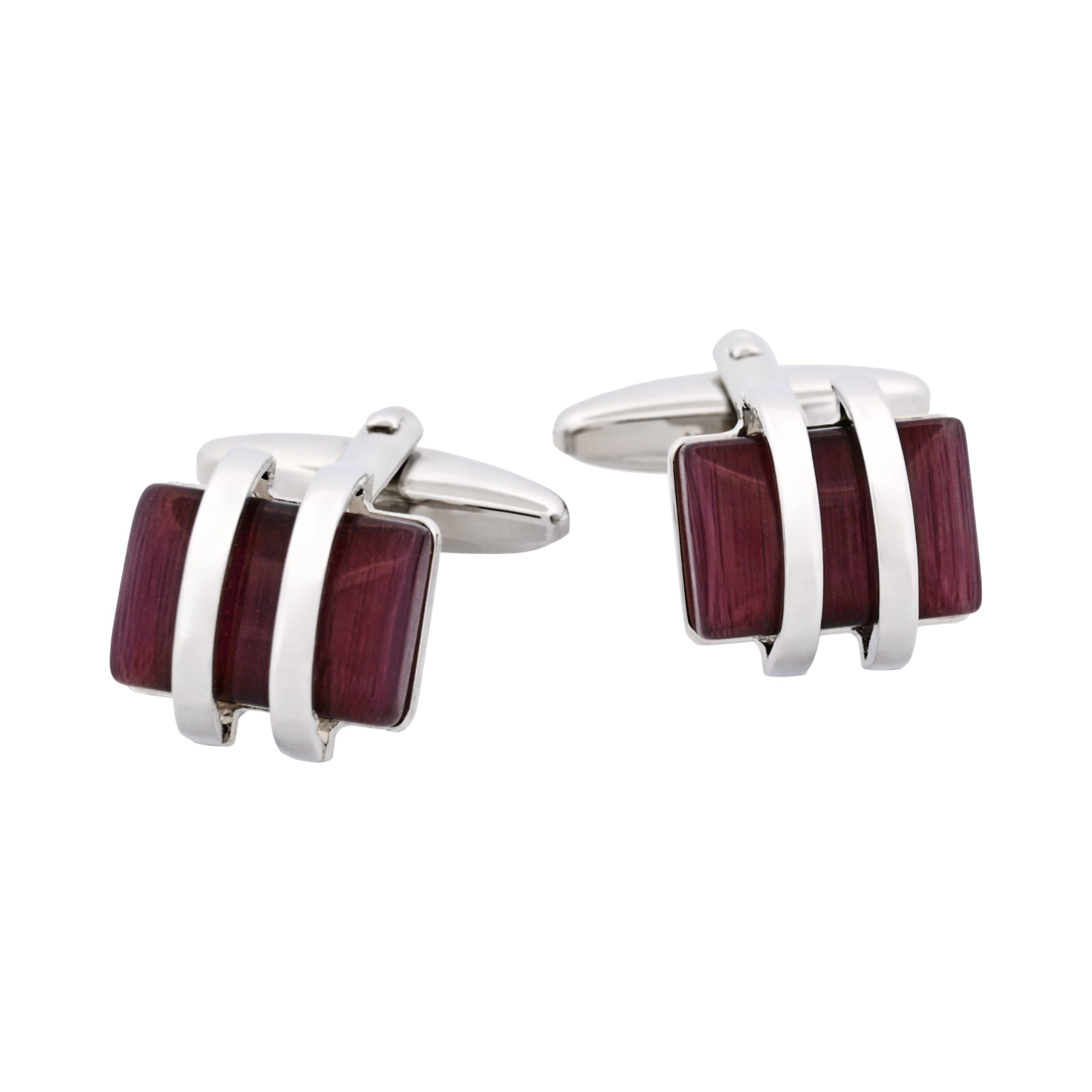 Rhodium Plated Striped with Purple Cat's Eye Cufflinks