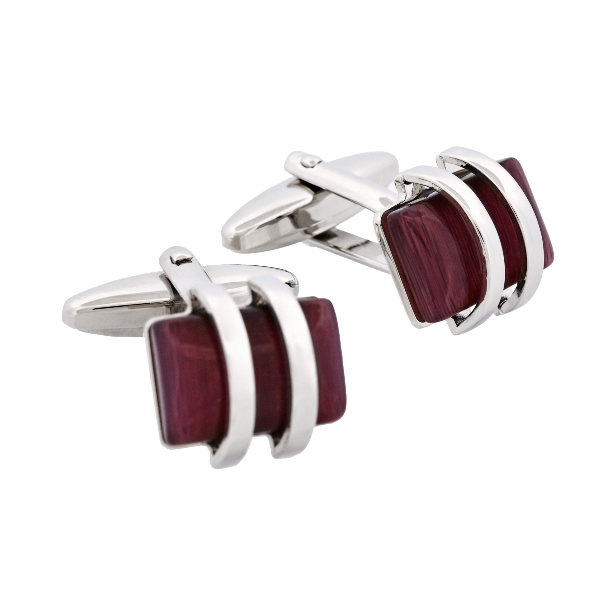Rhodium Plated Striped with Purple Cat's Eye Cufflinks