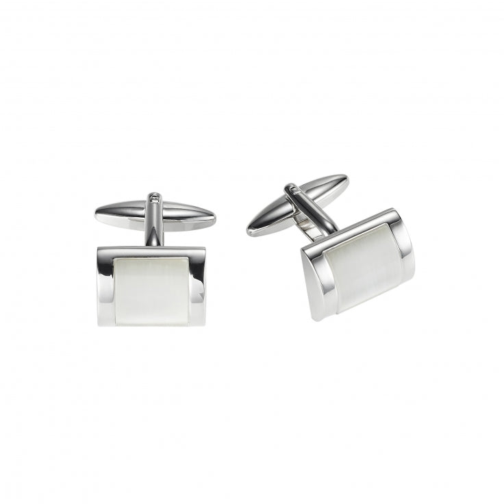 Rhodium Plated Rectangle Cufflinks with Curved Face White Cat's Eye Inlay