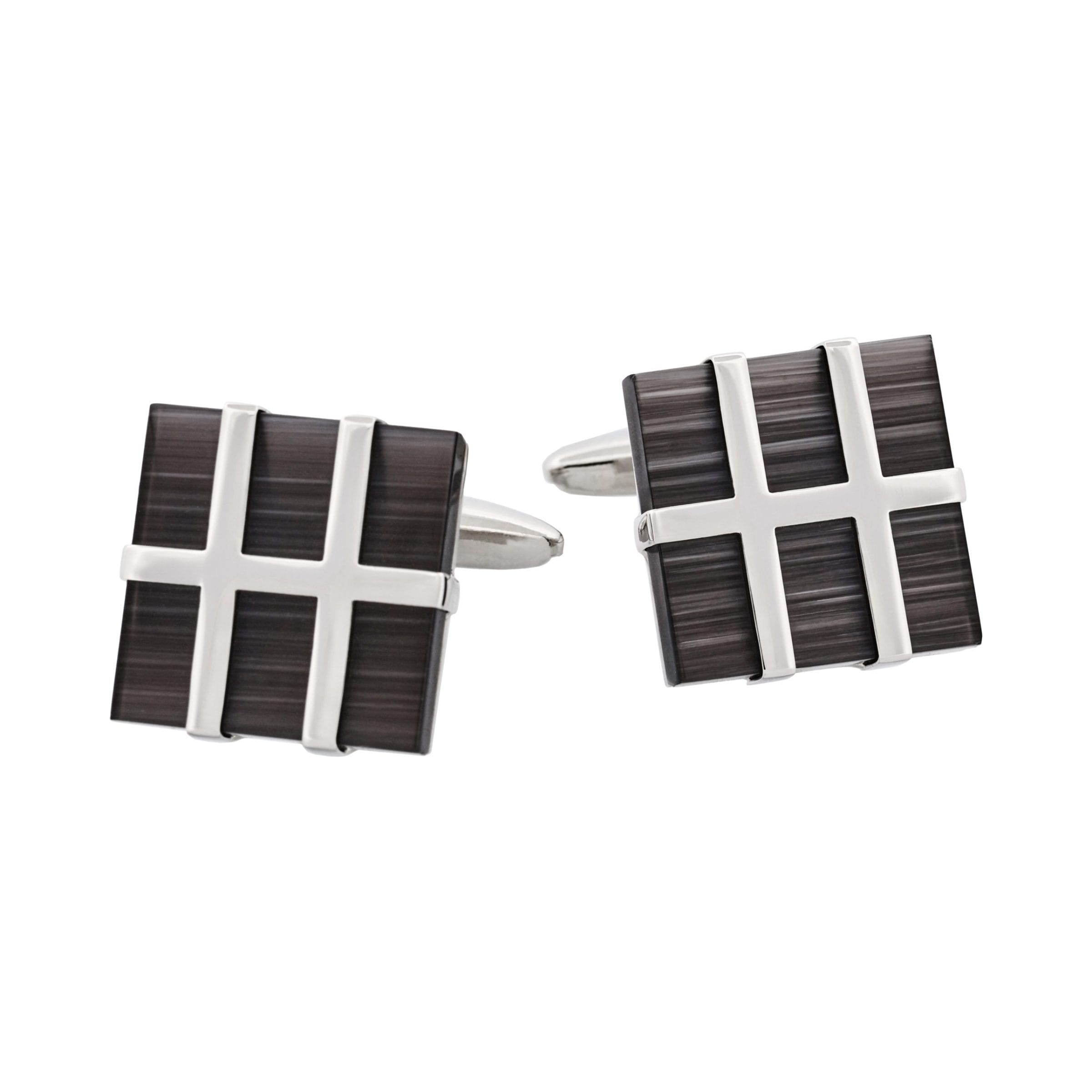 Square Polished Rhodium Plated Metal Framed Charcoal Cat's Eye Cufflinks