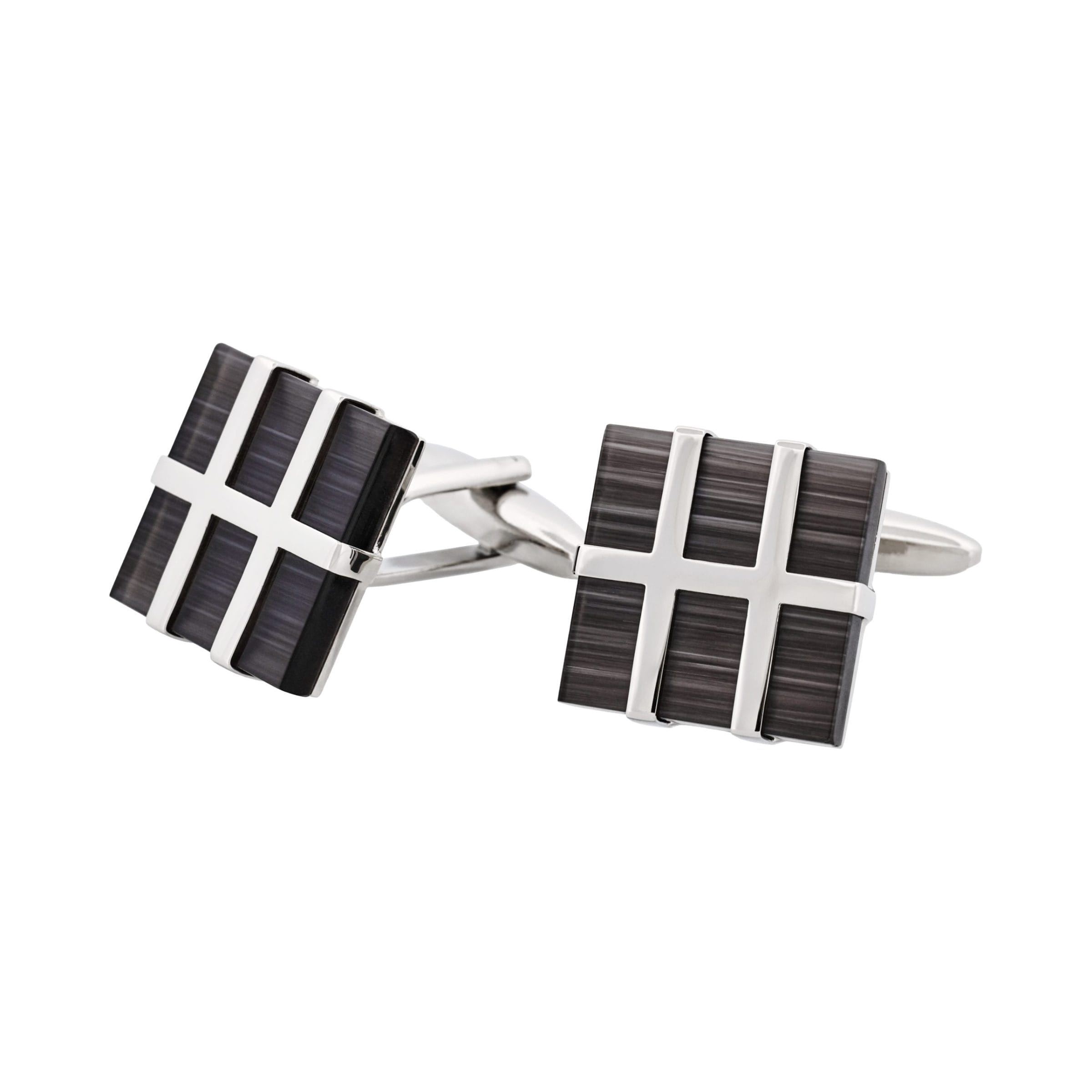 Square Polished Rhodium Plated Metal Framed Charcoal Cat's Eye Cufflinks