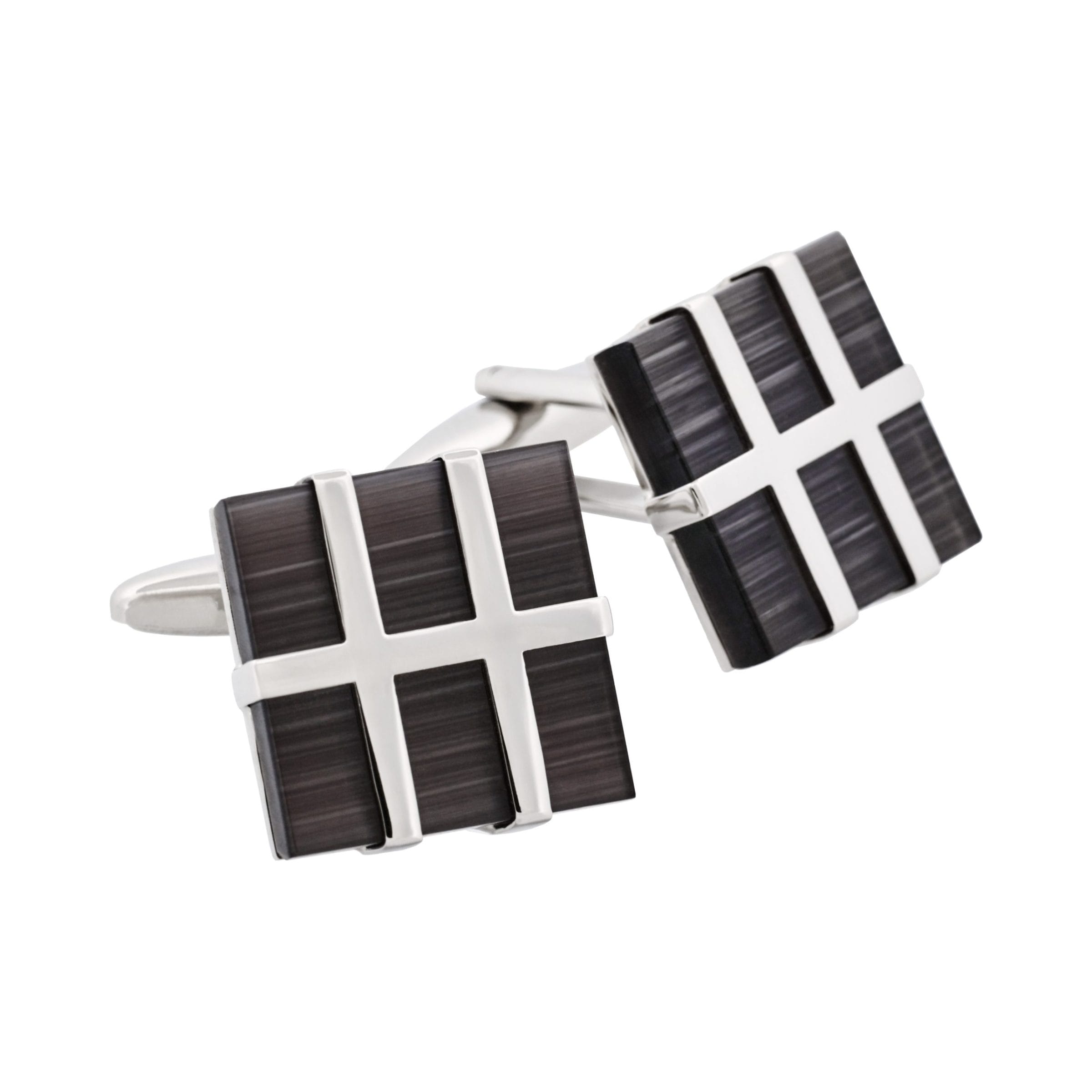 Square Polished Rhodium Plated Metal Framed Charcoal Cat's Eye Cufflinks