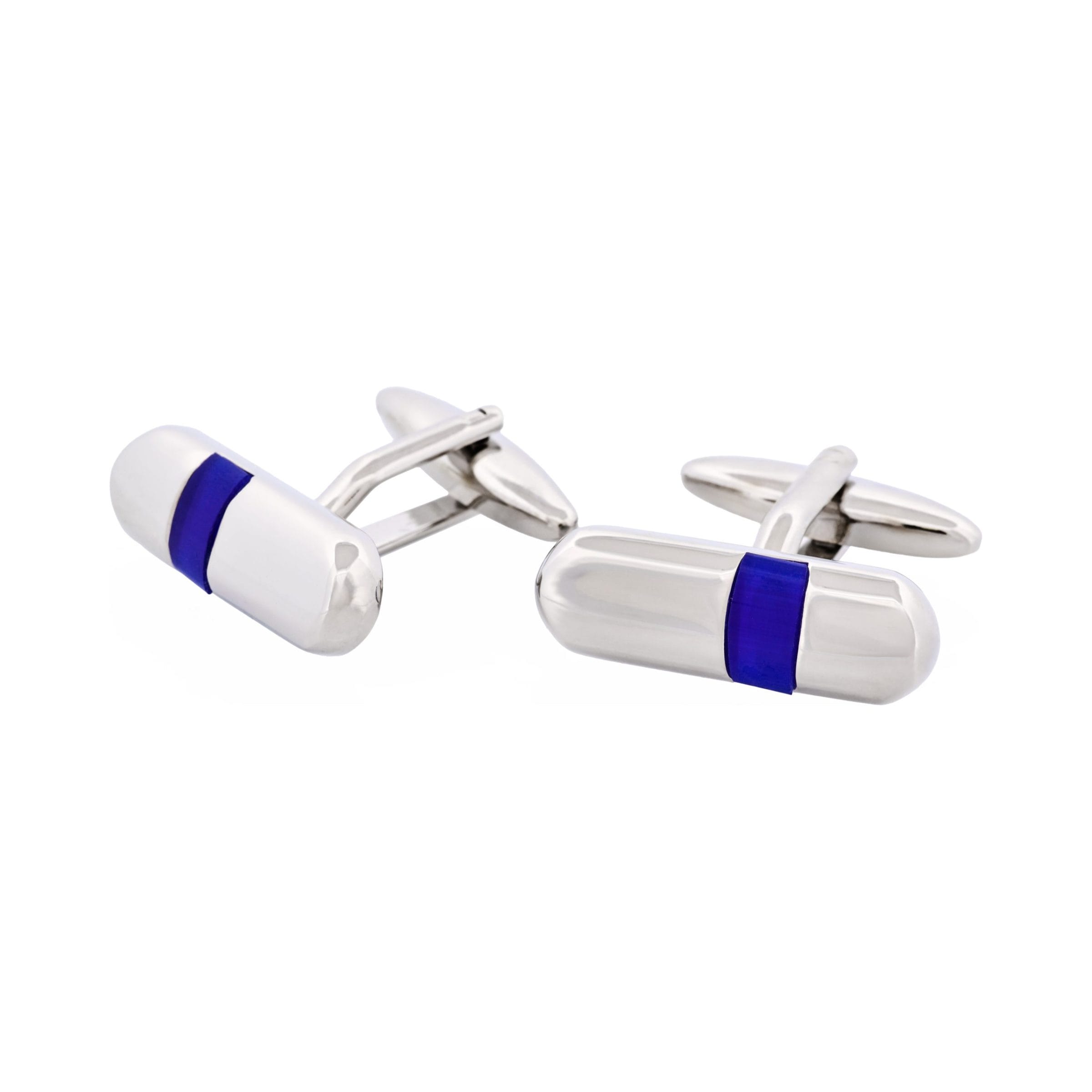 Polished Rhodium Plated & Dark Blue Cat's Eye Tube Cufflinks