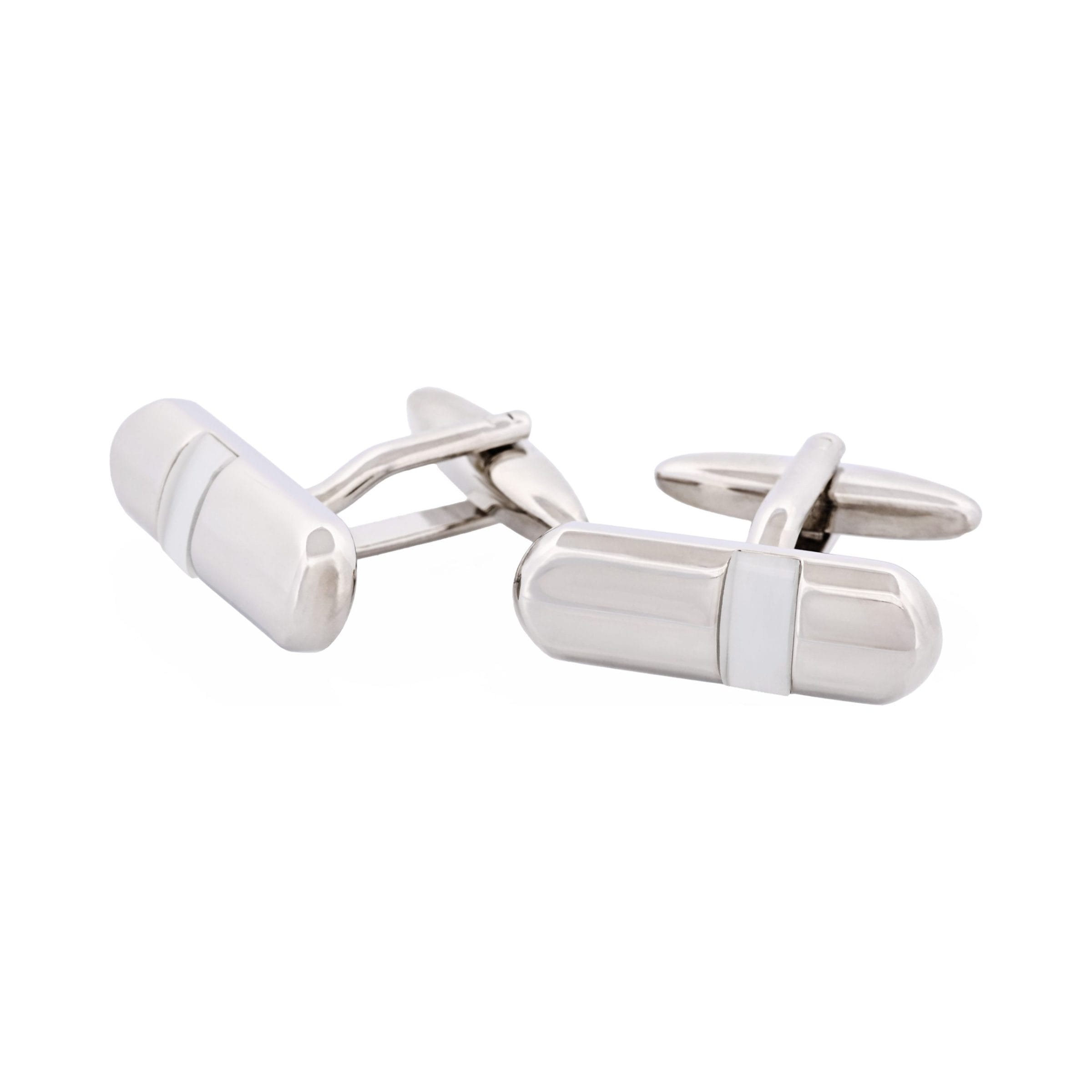 Polished Rhodium Plated & White Cat's Eye Tube Cufflinks