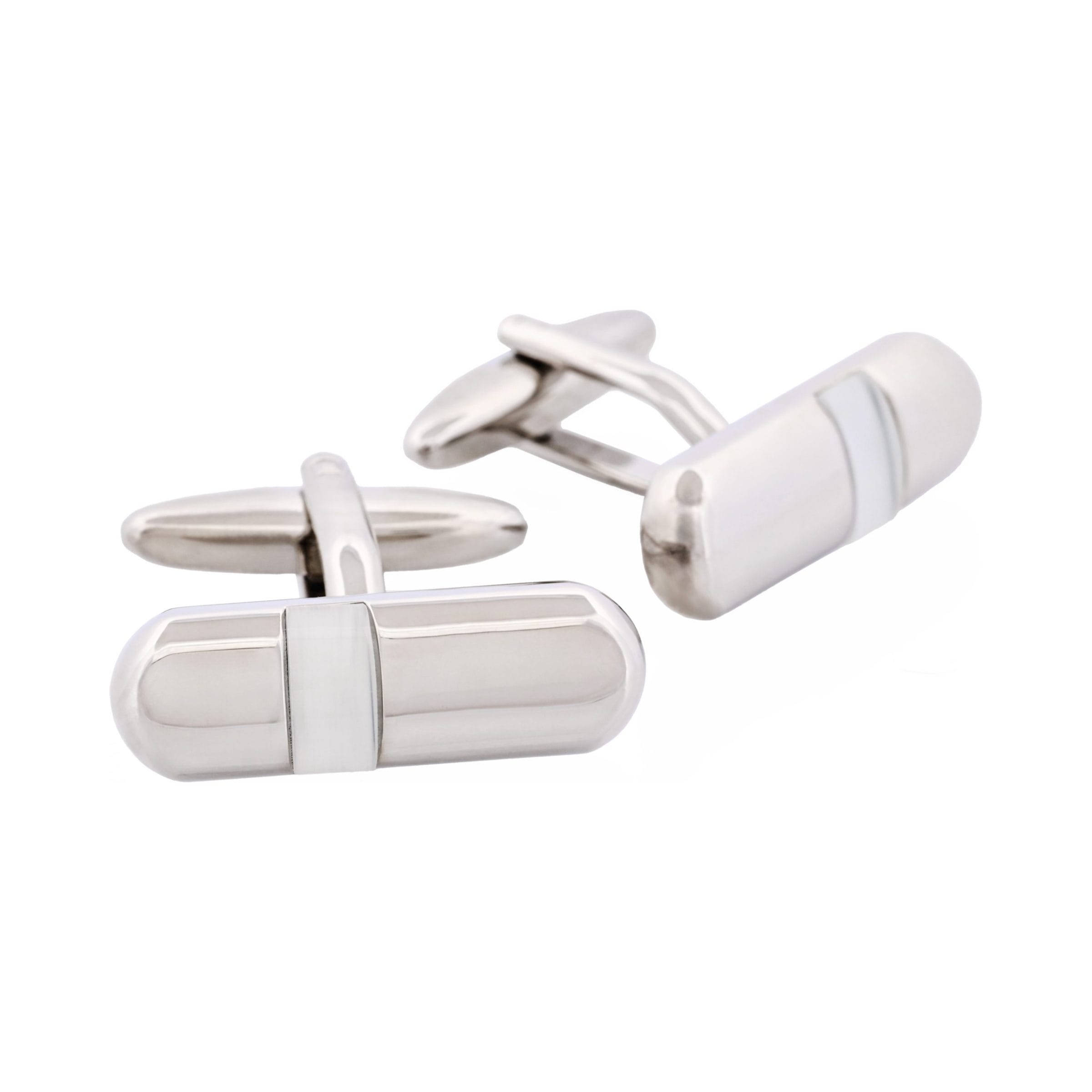 Polished Rhodium Plated & White Cat's Eye Tube Cufflinks