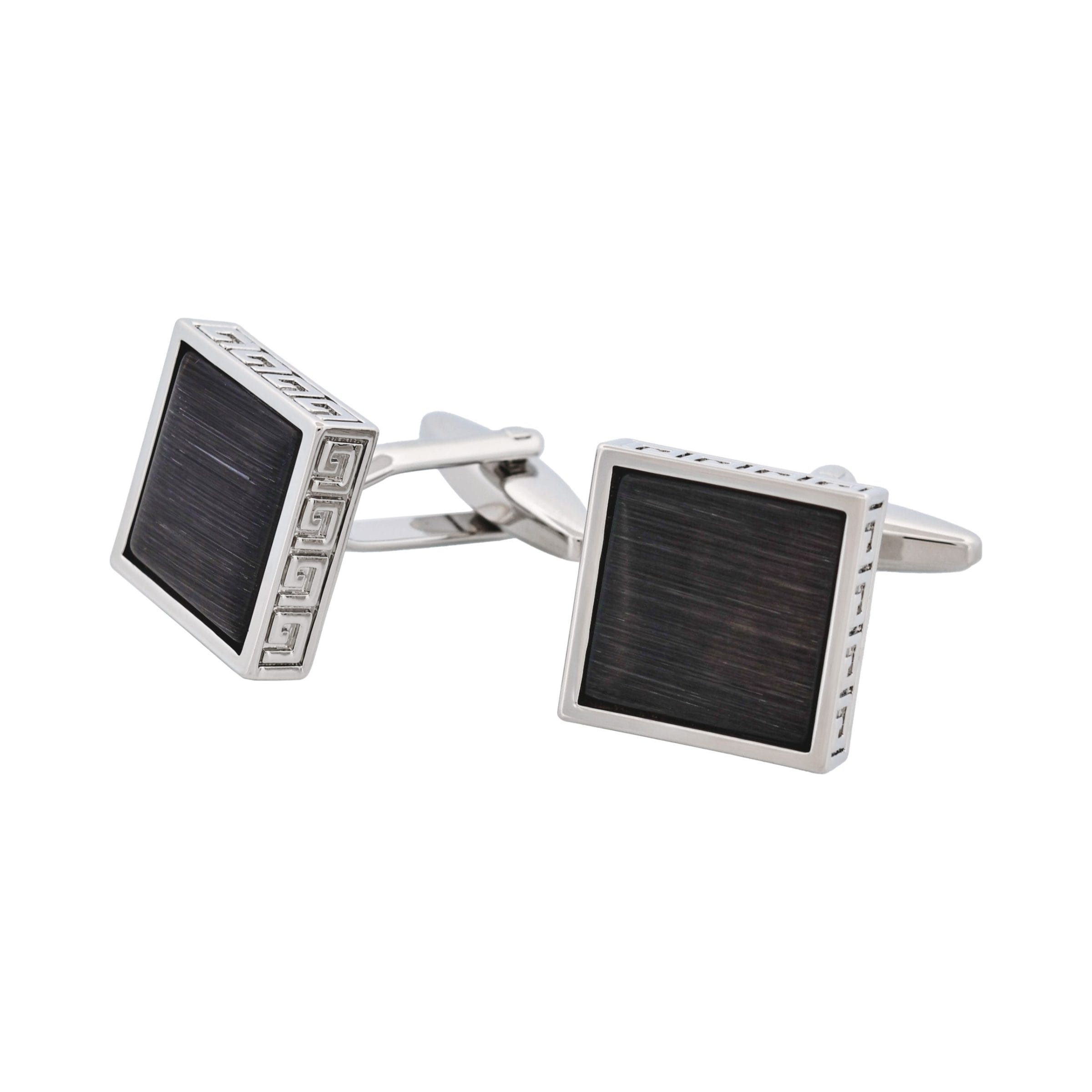 Square Black Cat's Eye & Greek Key Boarder Cufflinks