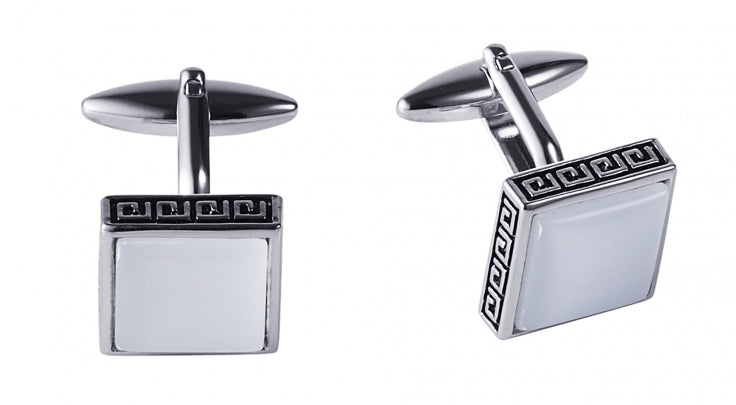 Square White Cat's Eye & Greek Key Boarder Cufflinks