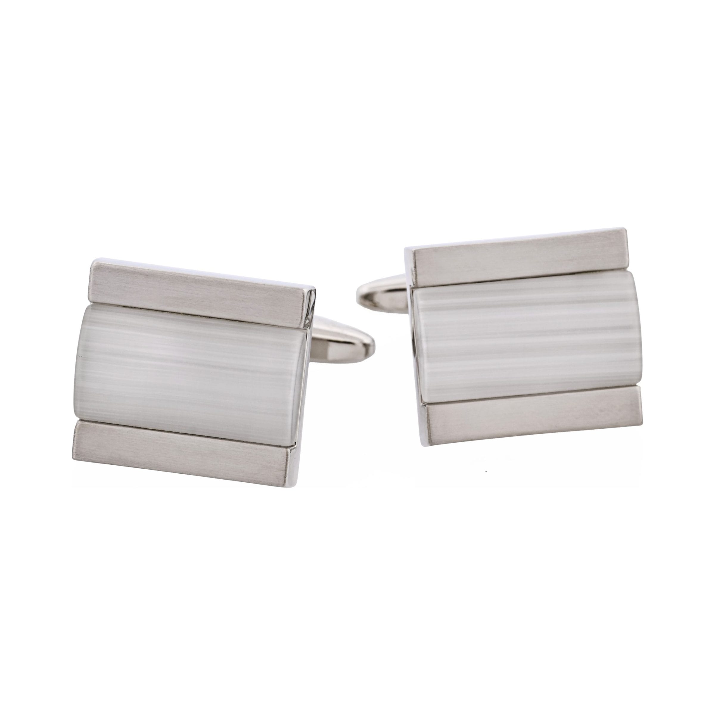 Brushed Rhodium White Cat's Eye Inlay Cufflinks