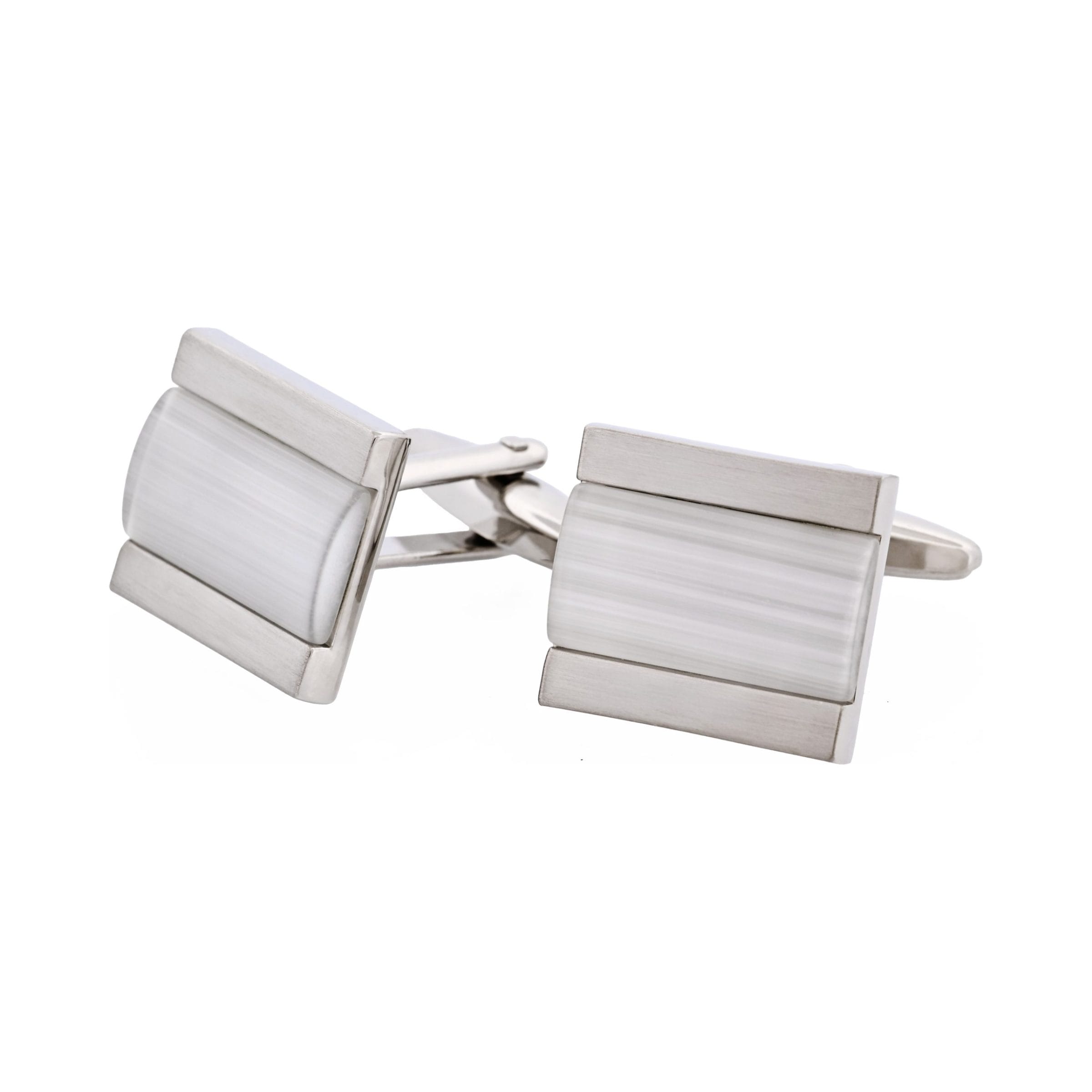 Brushed Rhodium White Cat's Eye Inlay Cufflinks