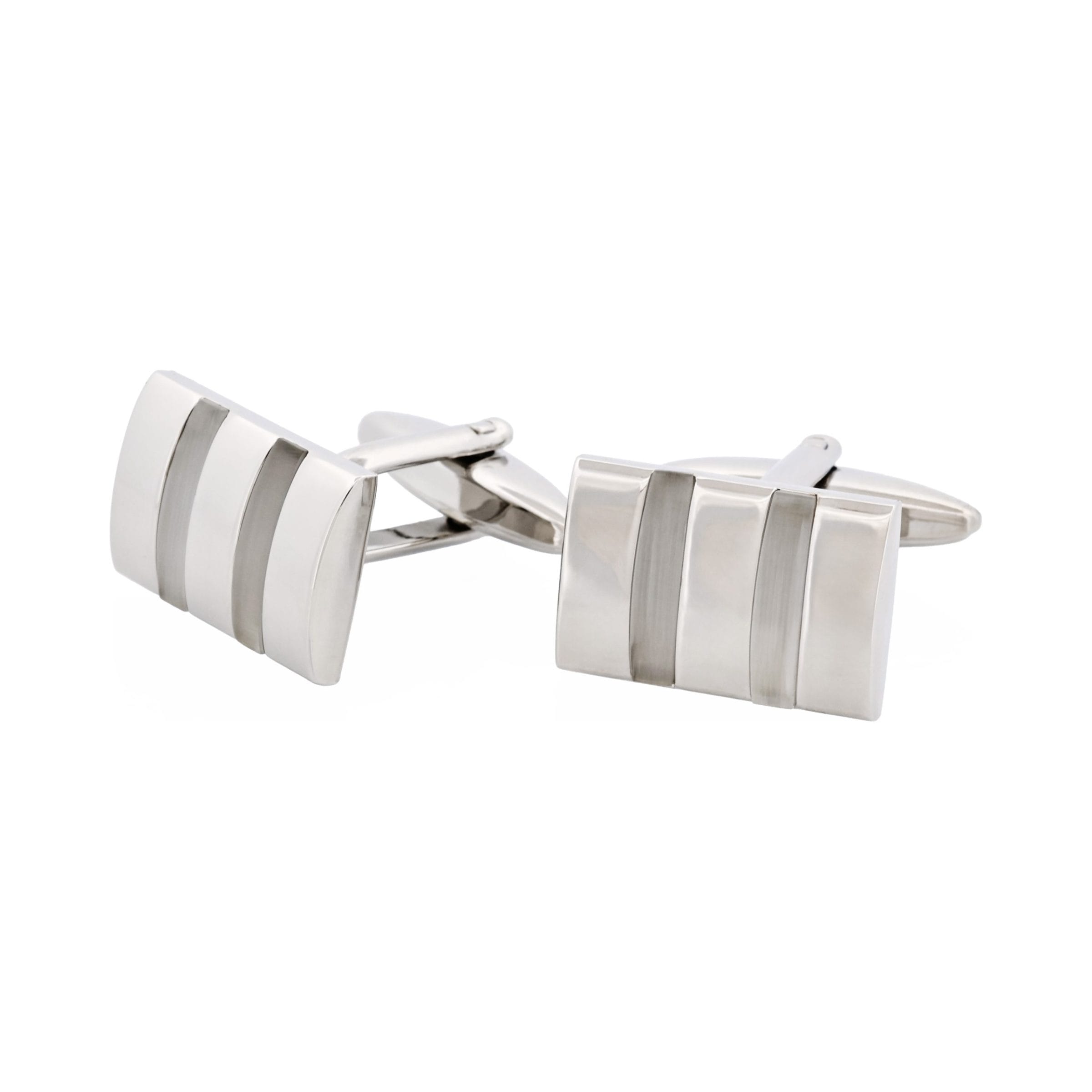 Polished Rhodium Plated Rectangle Cufflinks with Twin White Cat's Eye Inlays