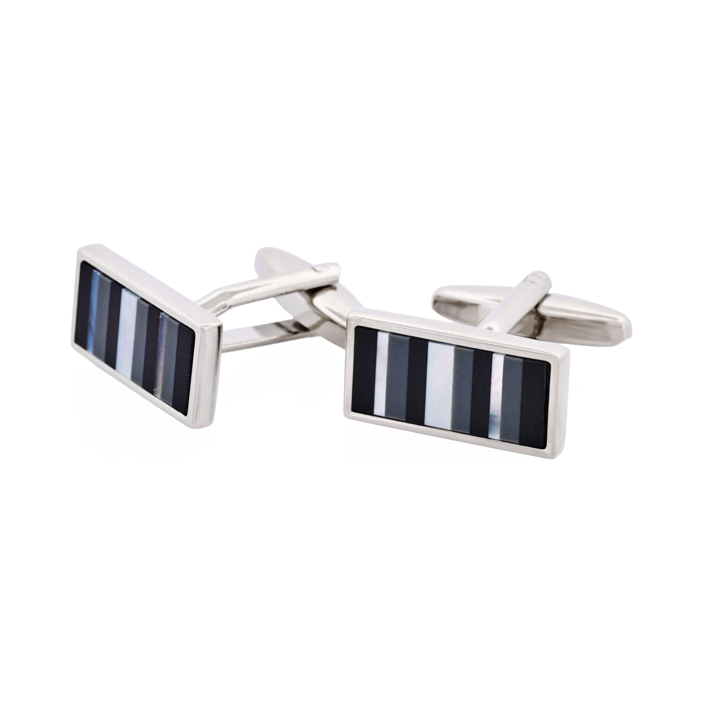 Rhodium Plated & Mop & Onyx & Grey Cat's Eye Rectangle Cufflinks