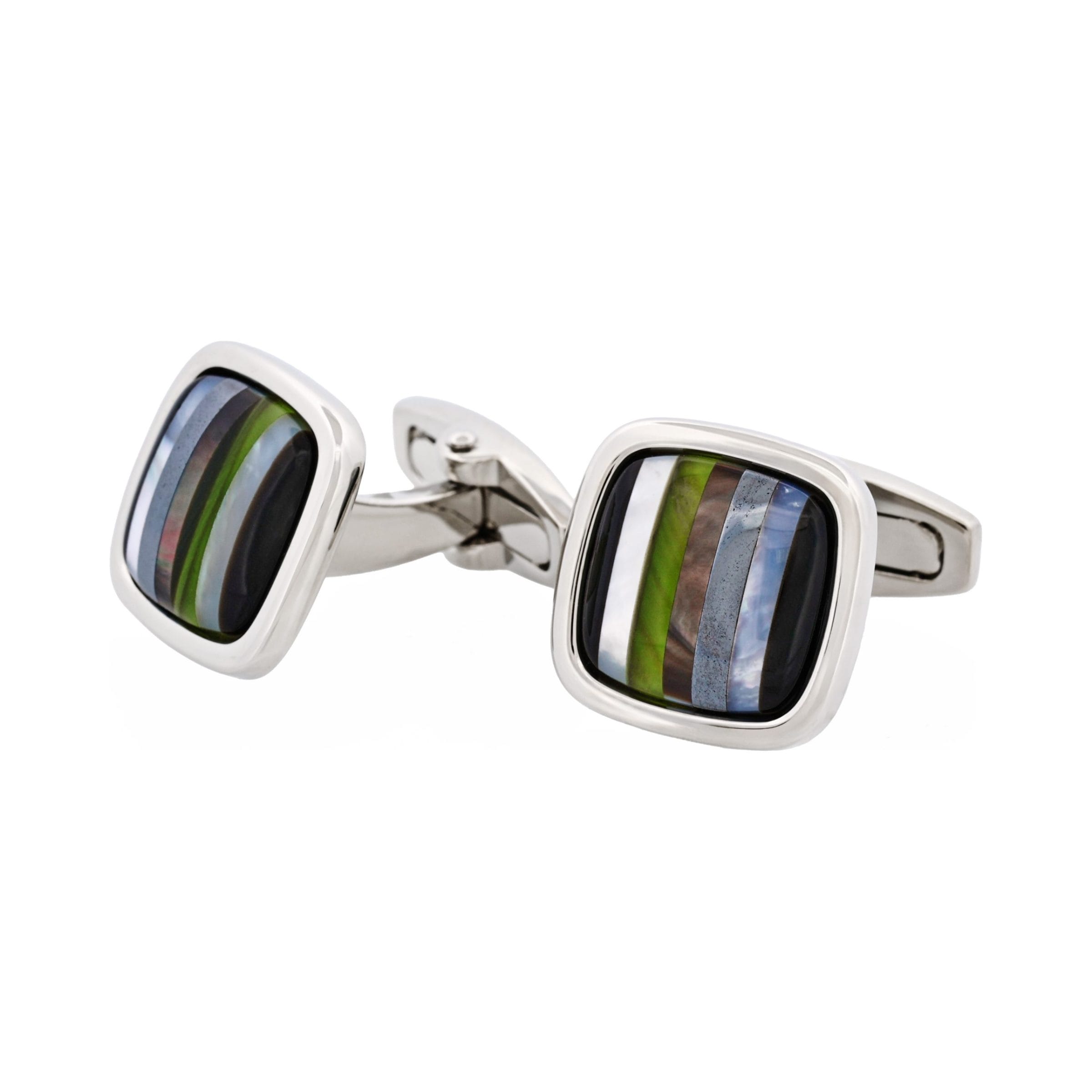 Rhodium & Onyx & Mop & Hemataite & Black Lip & #4 Olivine Glass Cufflinks