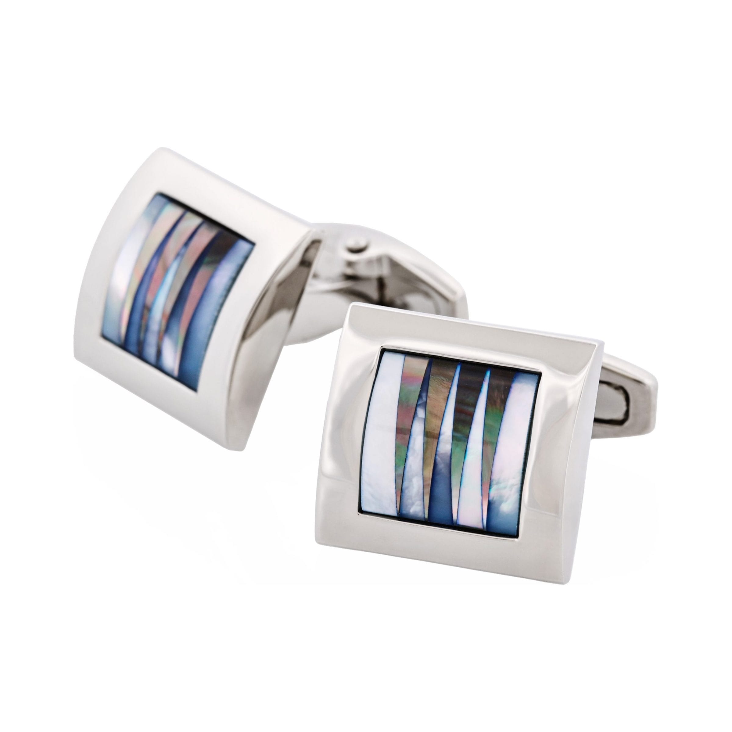 Polished Rhodium Square Curved White & Grey Mother Of Pearl Pattered Cufflinks