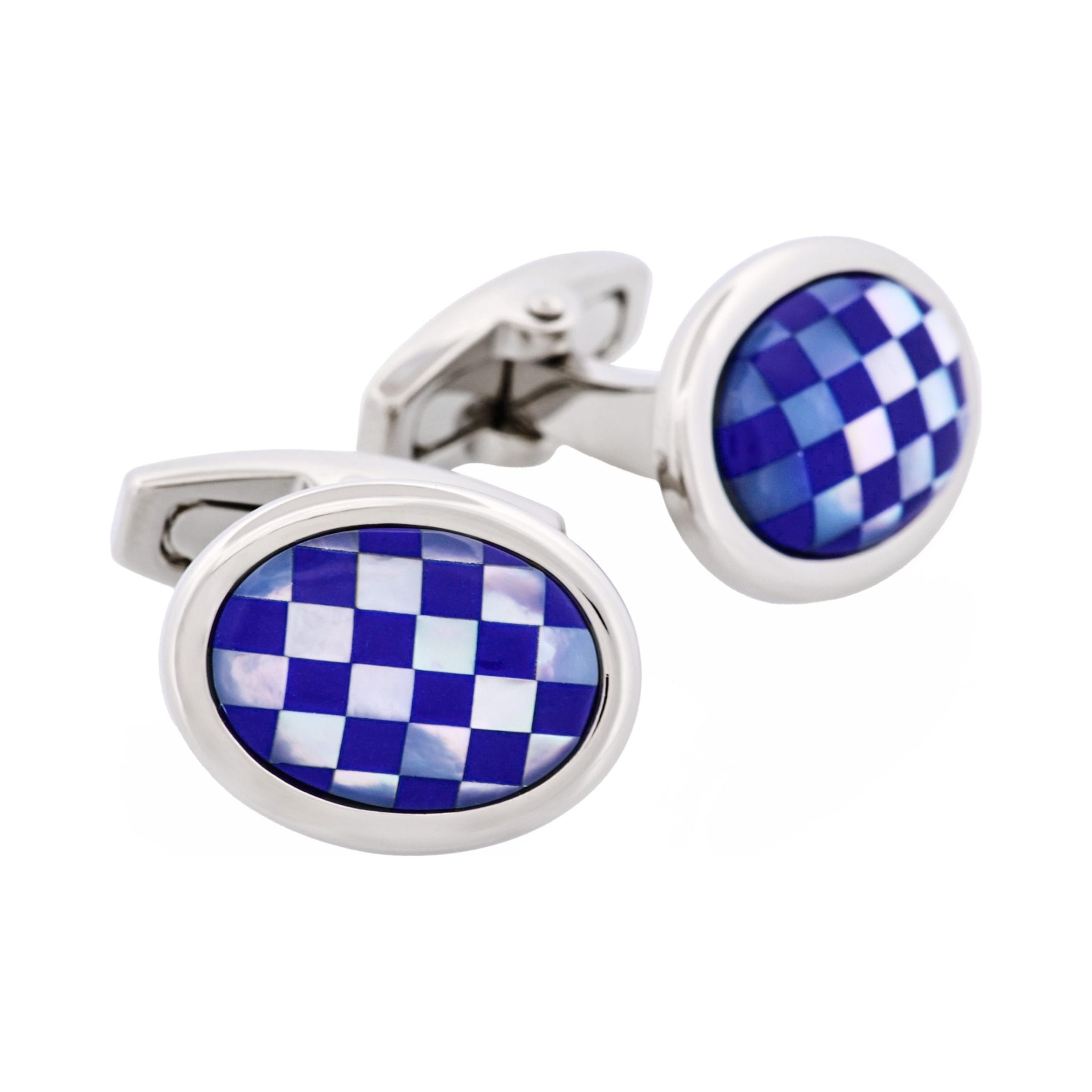 Polished Rhodium Plated Oval Mother Of Pearl & Lapis Lazuli Cufflinks