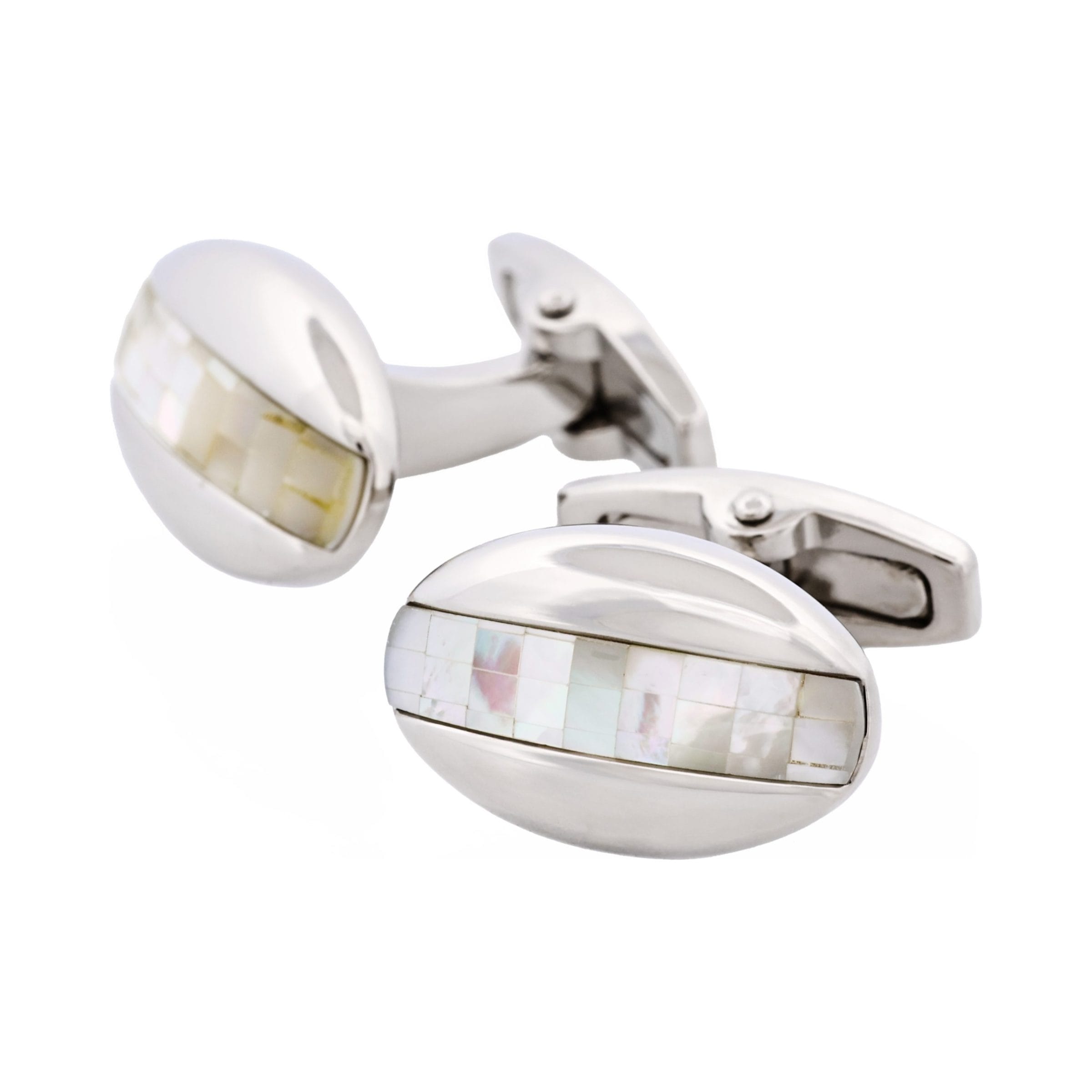 Polished Rhodium Plated Oval Mosaic Design Mother Of Pearl Cufflinks