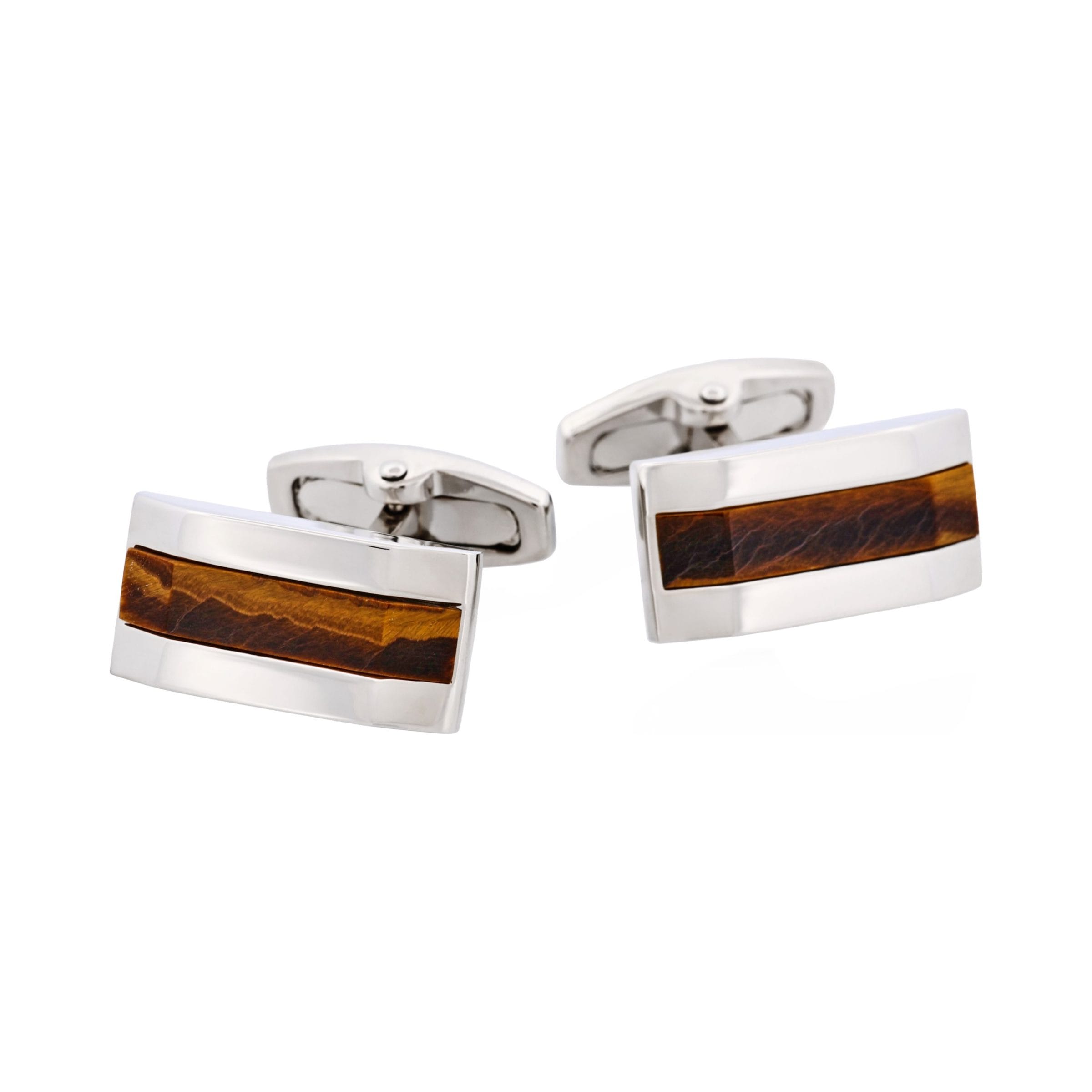 Rhodium Plated & Tiger Eye Rectangle Cufflinks