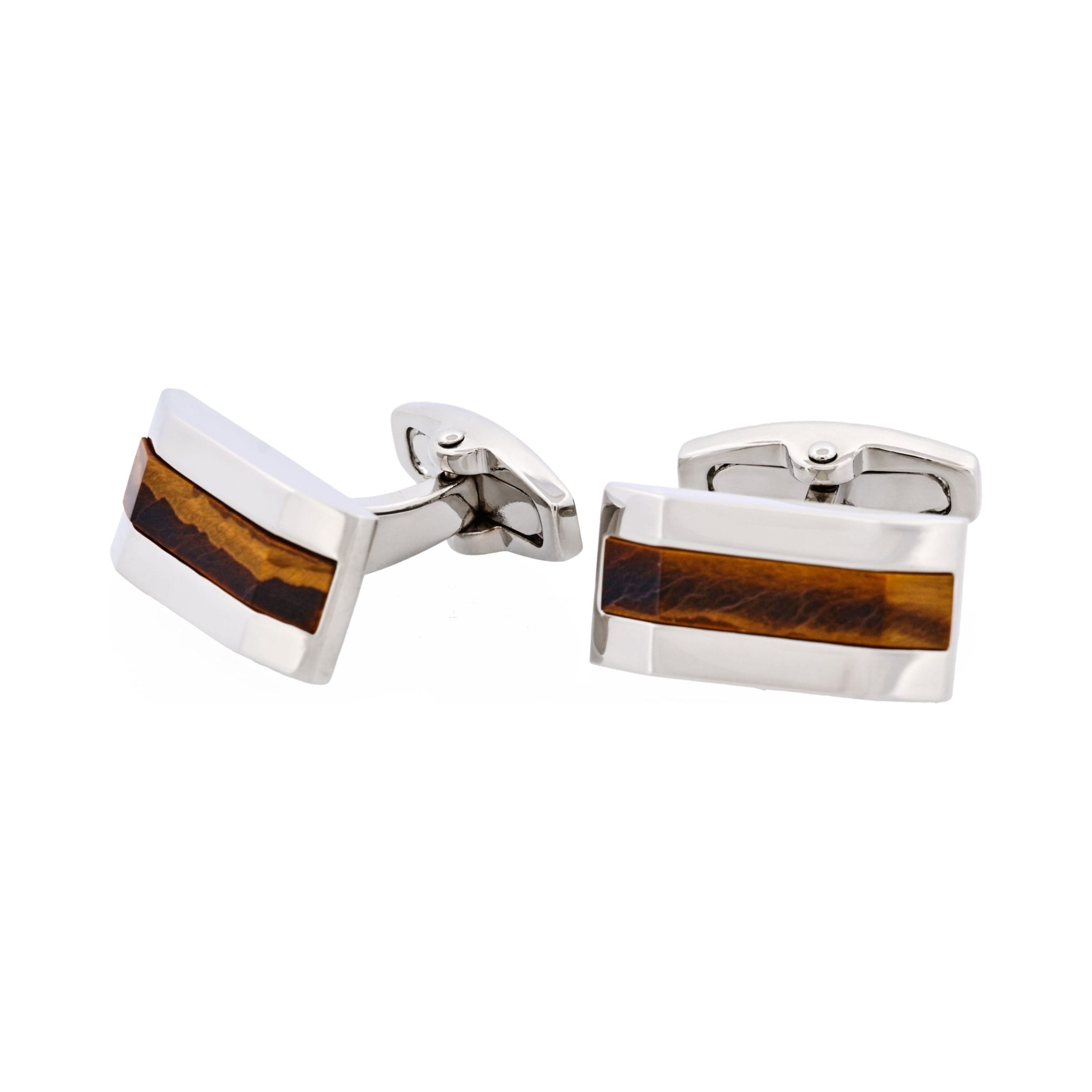 Rhodium Plated & Tiger Eye Rectangle Cufflinks
