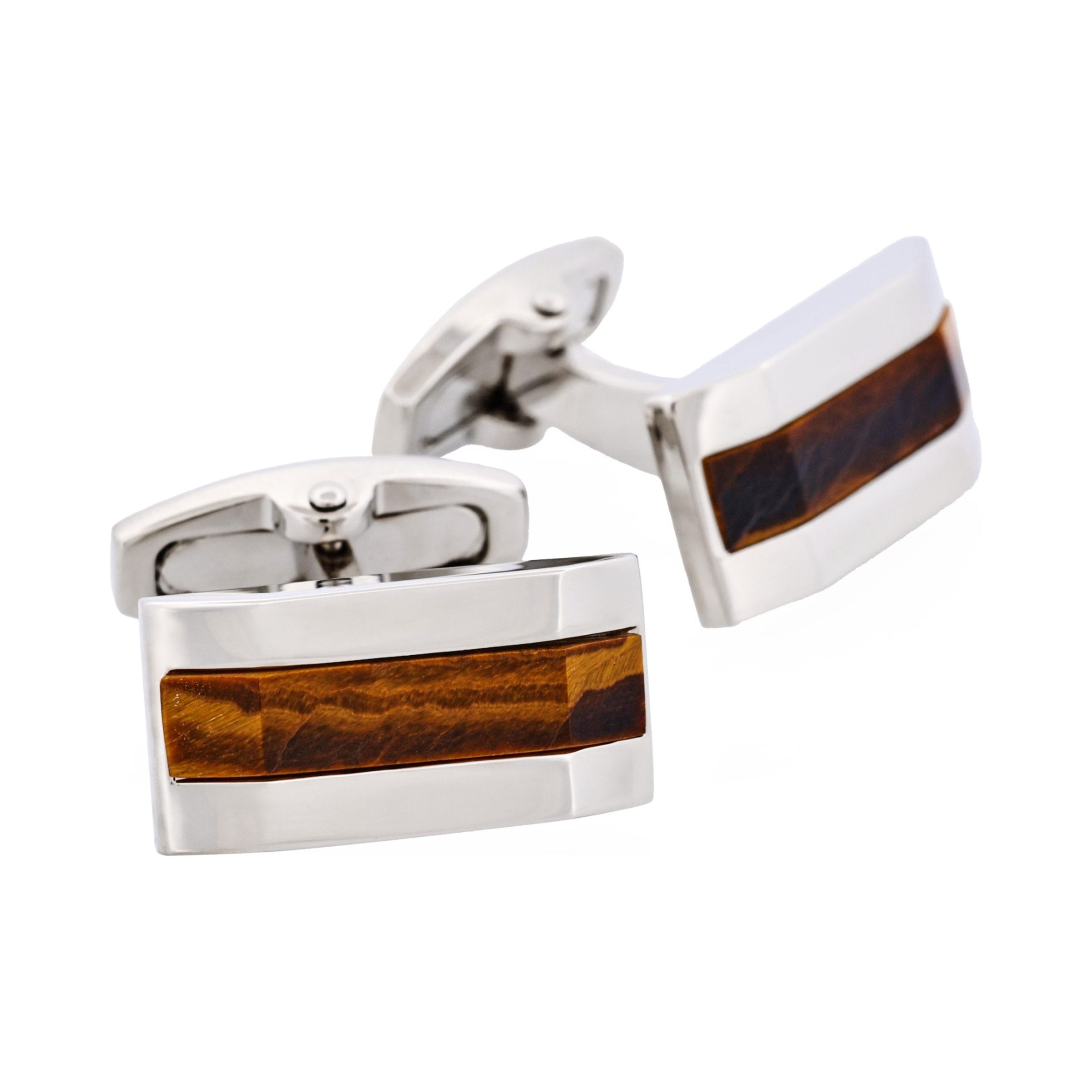 Rhodium Plated & Tiger Eye Rectangle Cufflinks