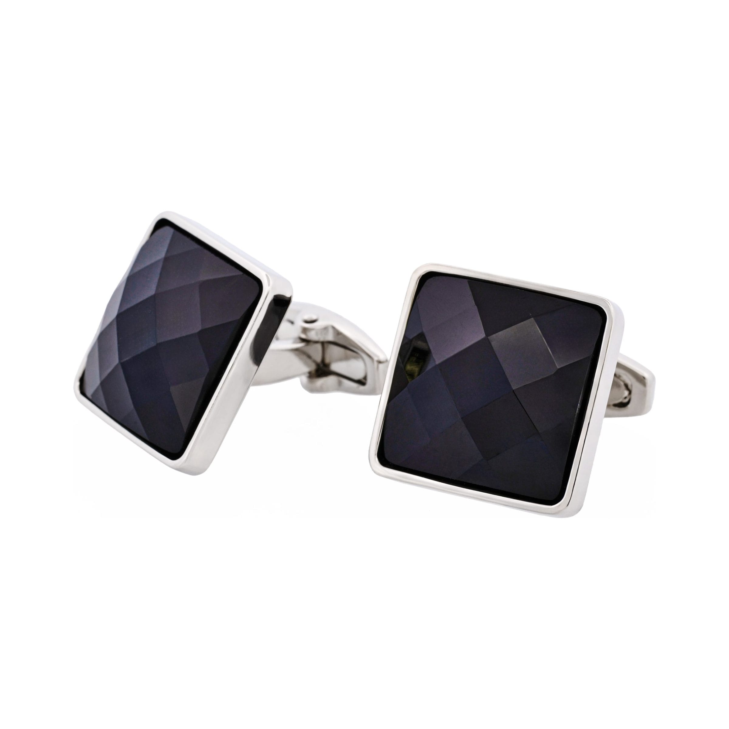 Rhodium Plated & Large Square Jet Cut Crystal Cufflinks