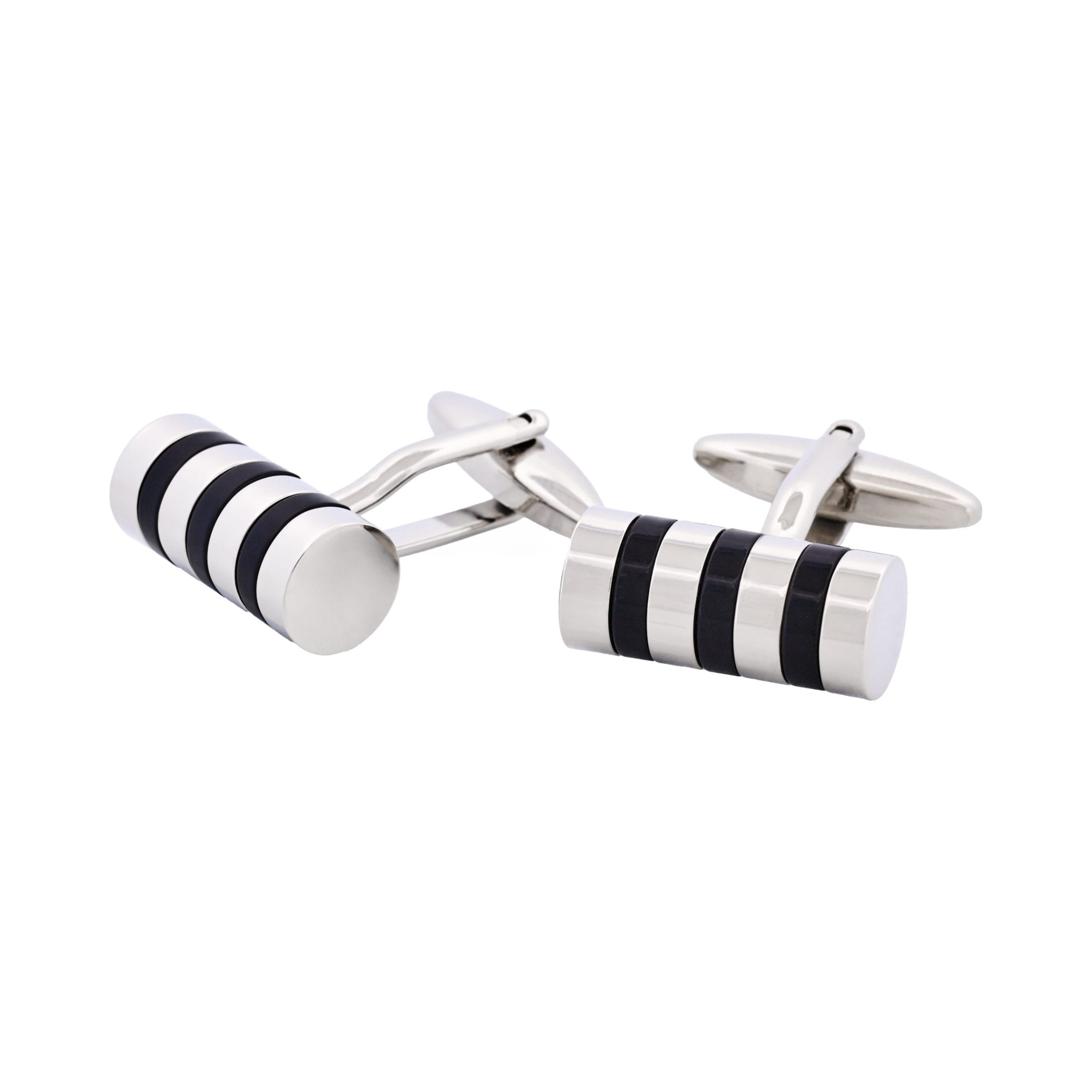Rhodium Plated & Black Resin Striped Tube Cufflinks