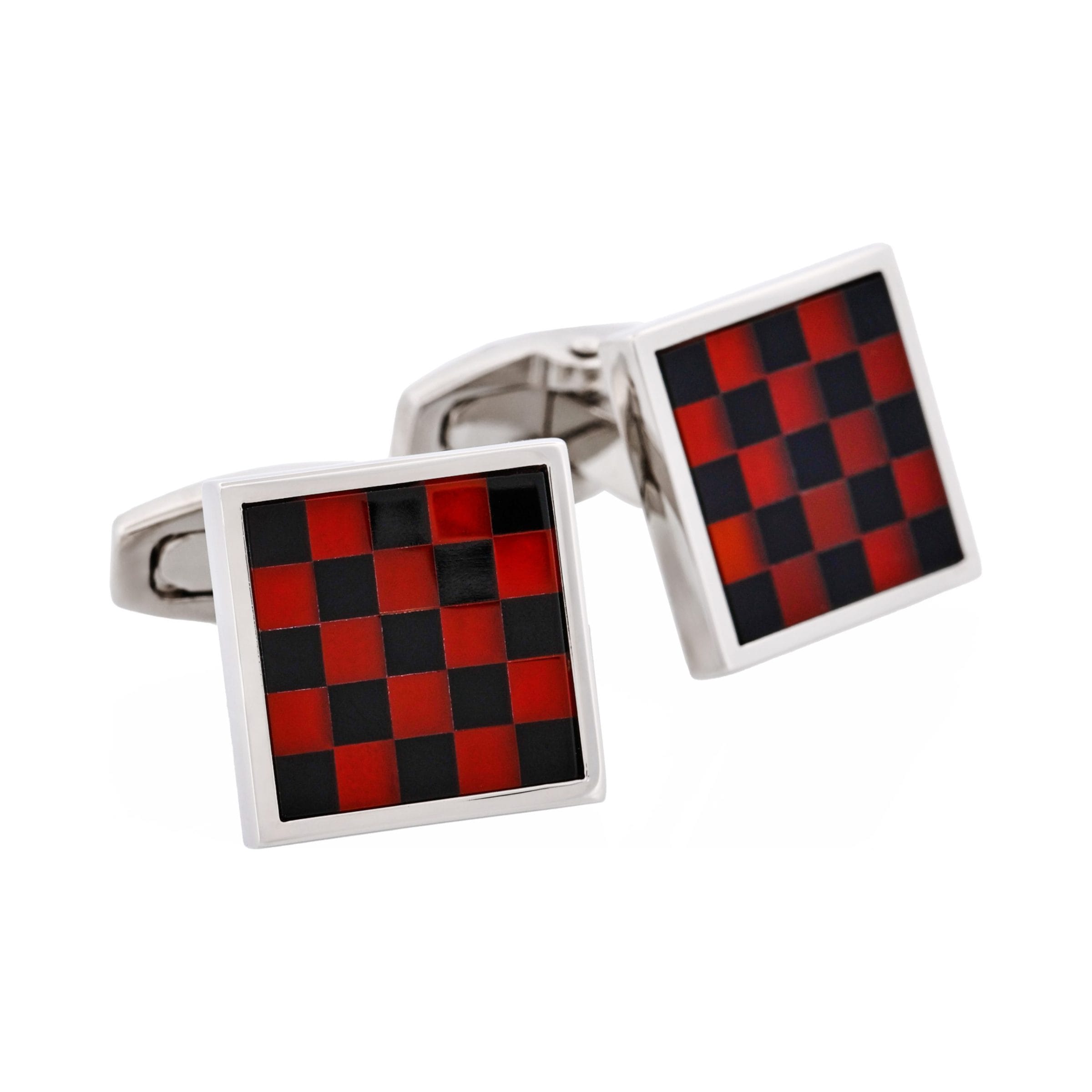 Polished Rhodium Plated Red Agate & Onyx Check Round Cufflinks