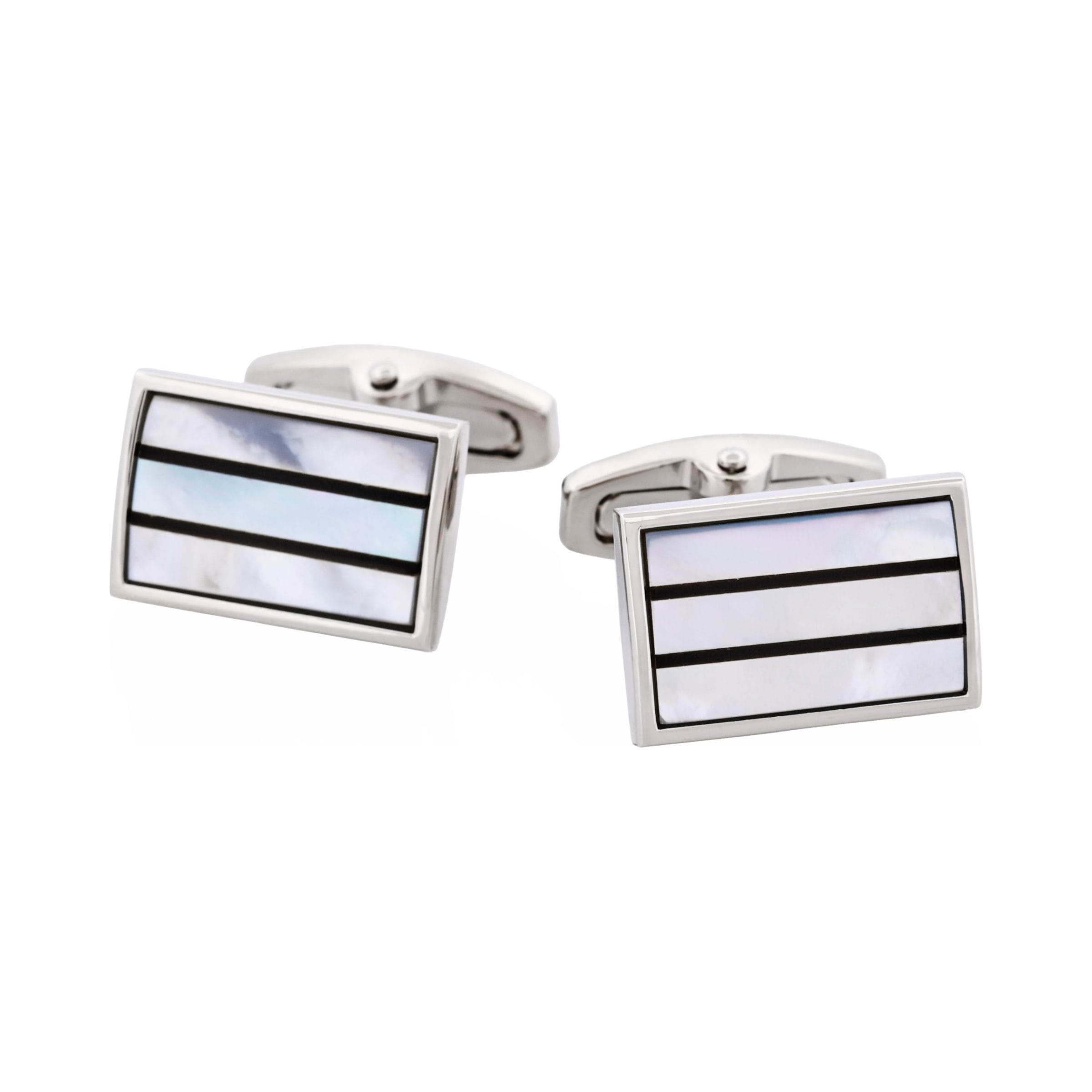 Polished Rhodium Plated Onyx & Mother Of Pearl Stripe Rectangle Cufflinks