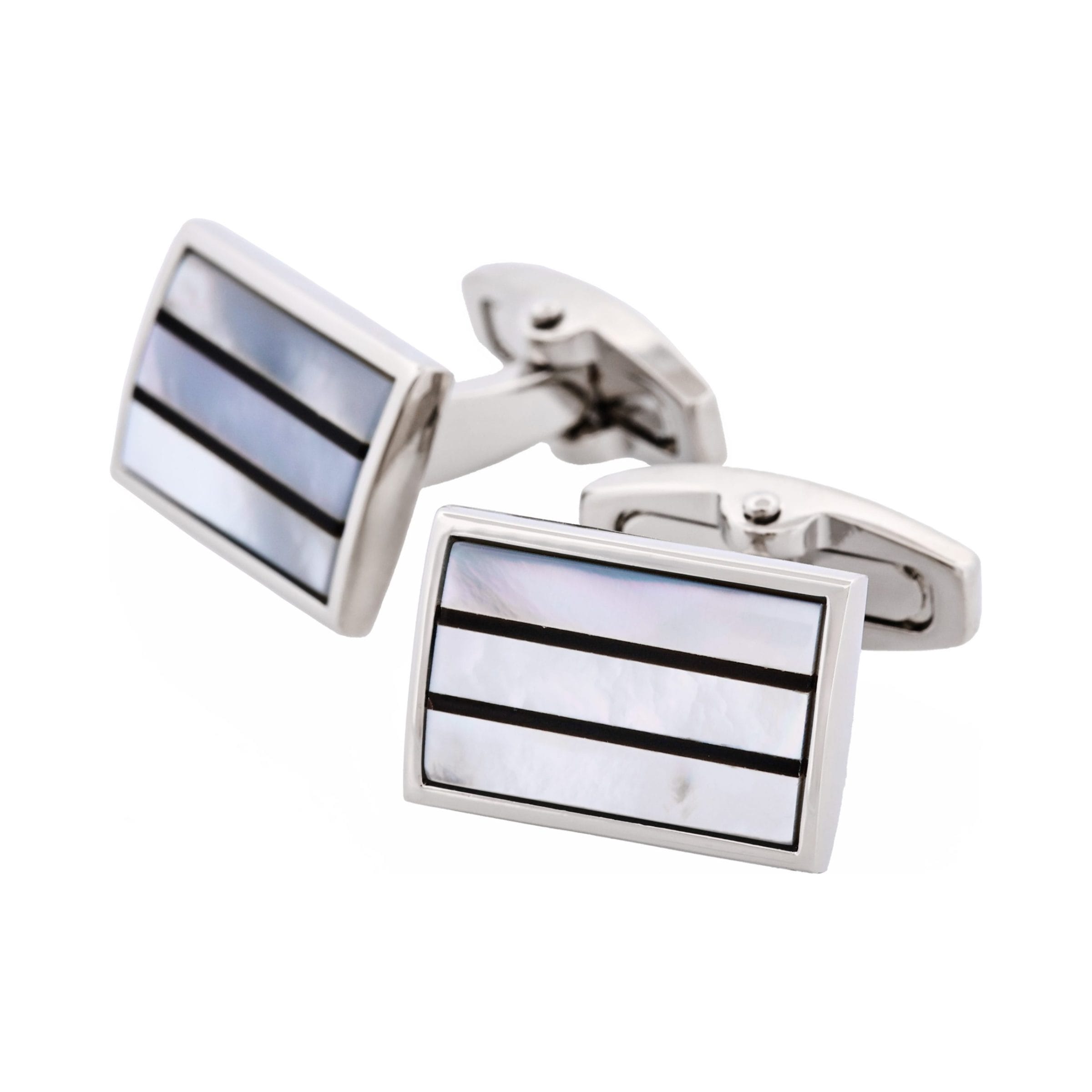 Polished Rhodium Plated Onyx & Mother Of Pearl Stripe Rectangle Cufflinks