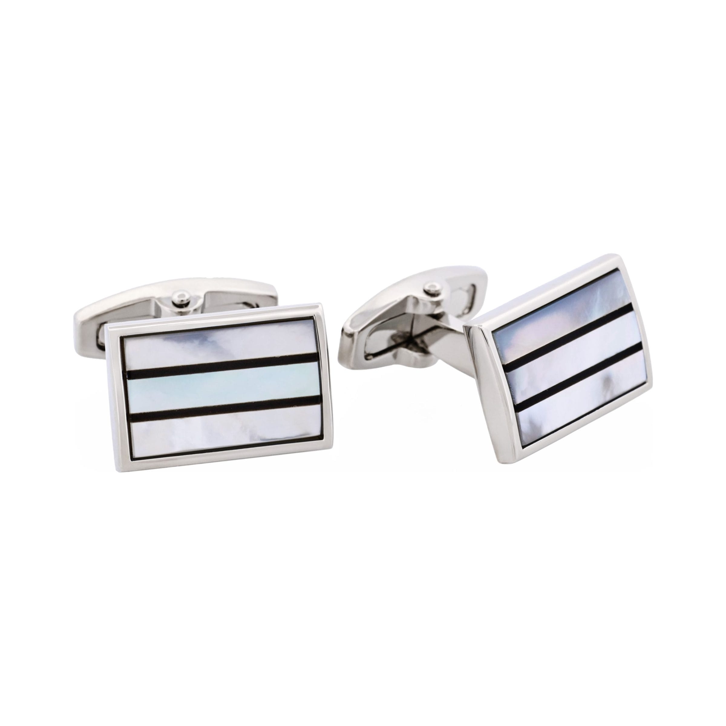 Polished Rhodium Plated Onyx & Mother Of Pearl Stripe Rectangle Cufflinks