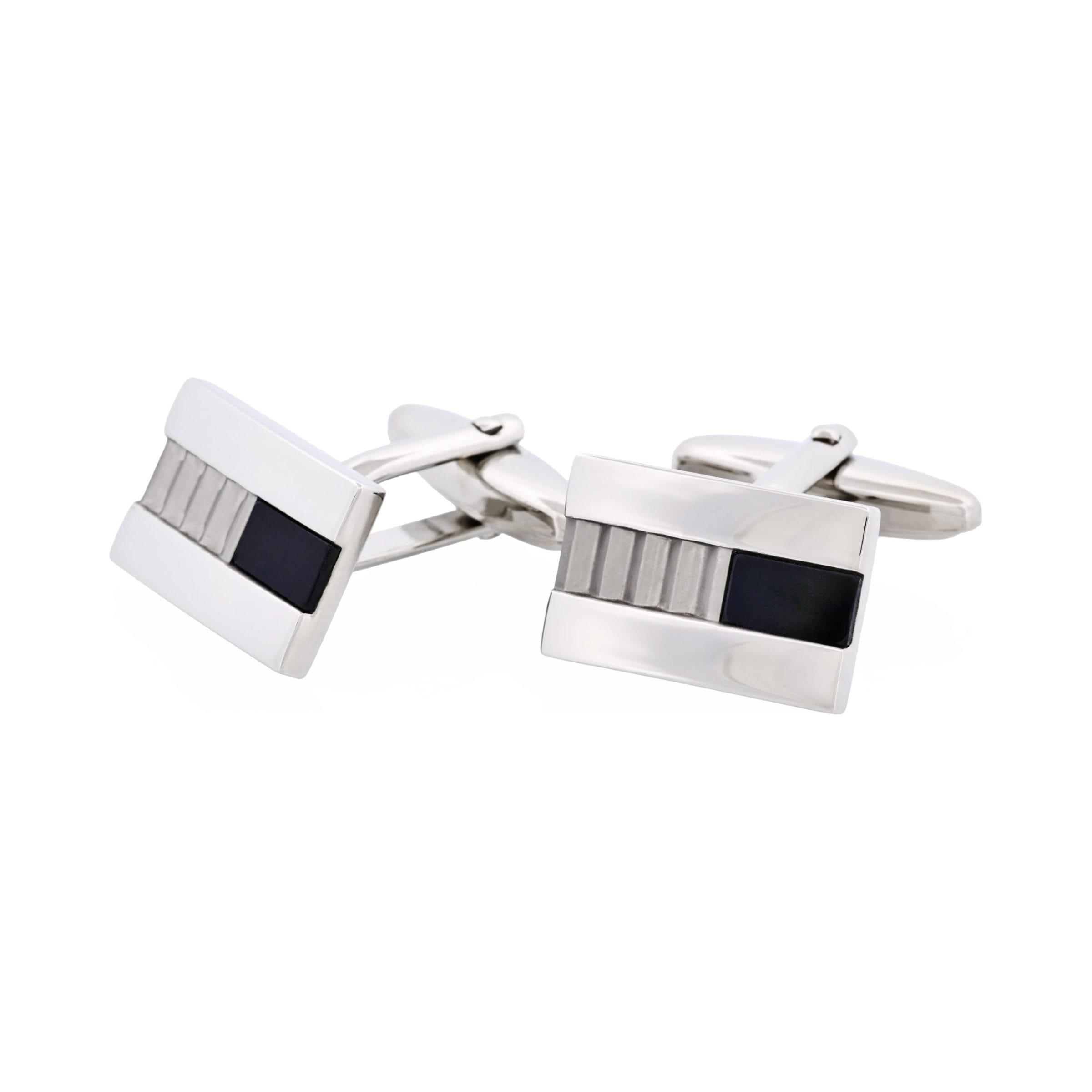 Polished Rhodium Plated Onyx with Corrugated Pattern Rectangle Cufflinks