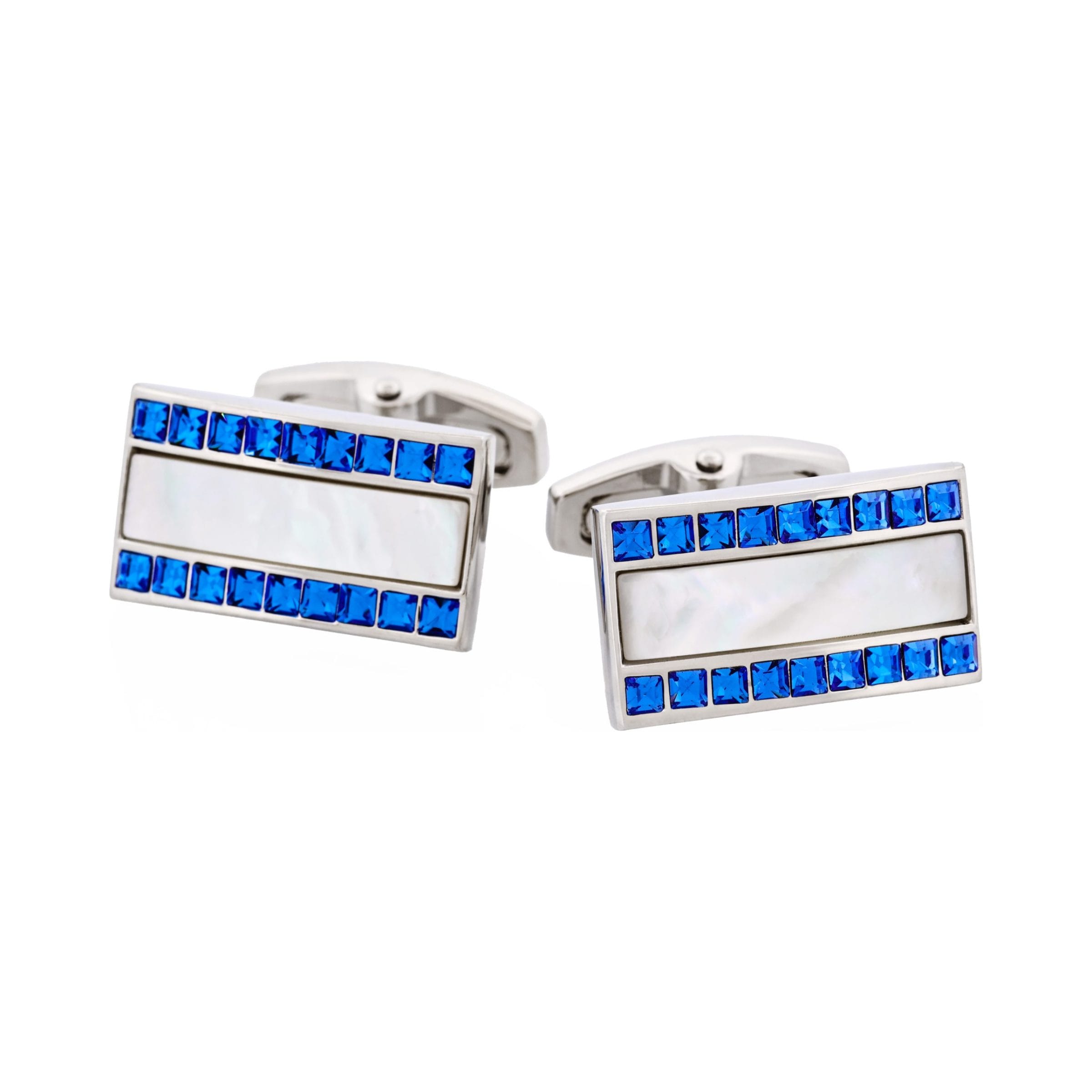 Polished Rhodium with Mother Of Pearl & Blue Sapphire Crystal Rectangle Cufflinks