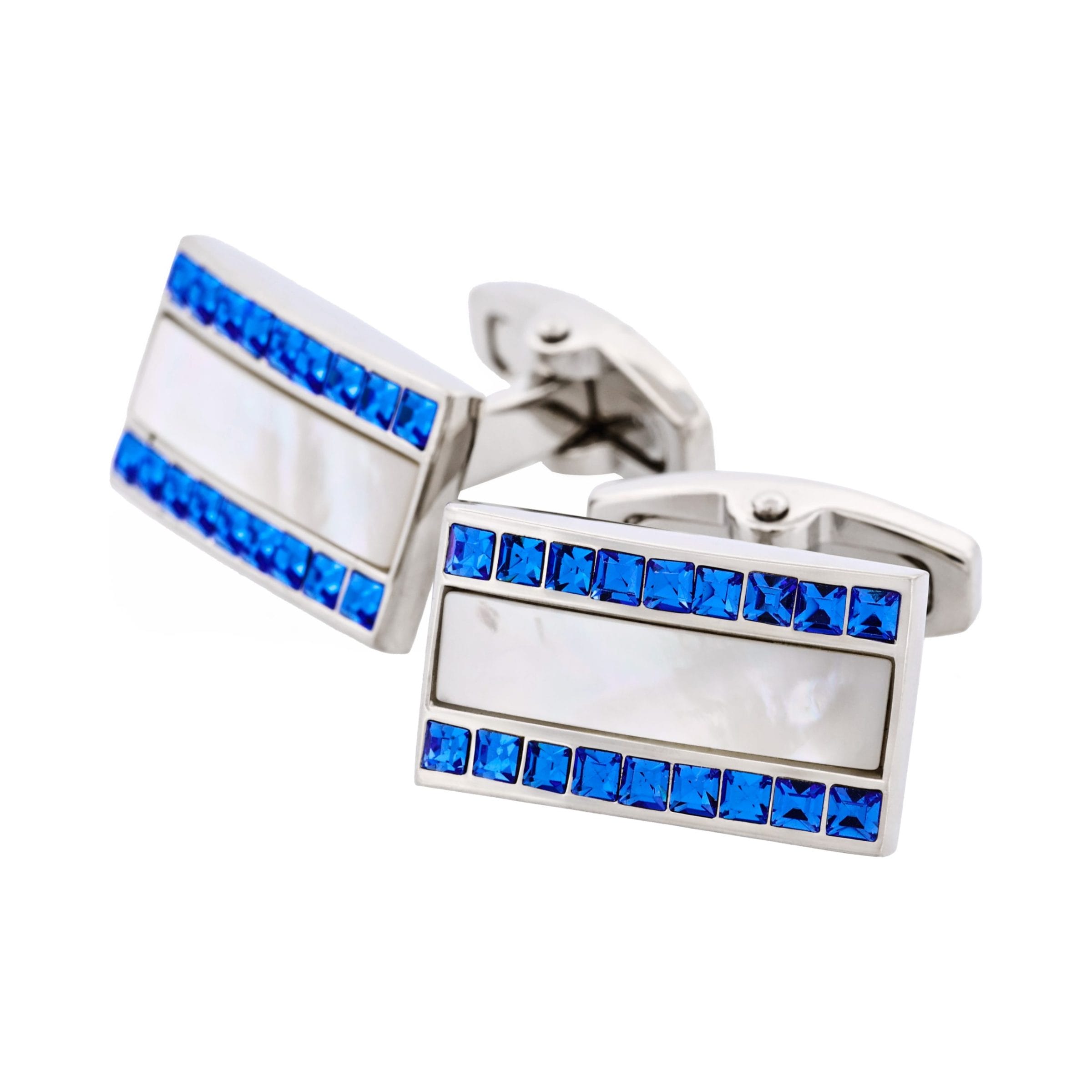 Polished Rhodium with Mother Of Pearl & Blue Sapphire Crystal Rectangle Cufflinks