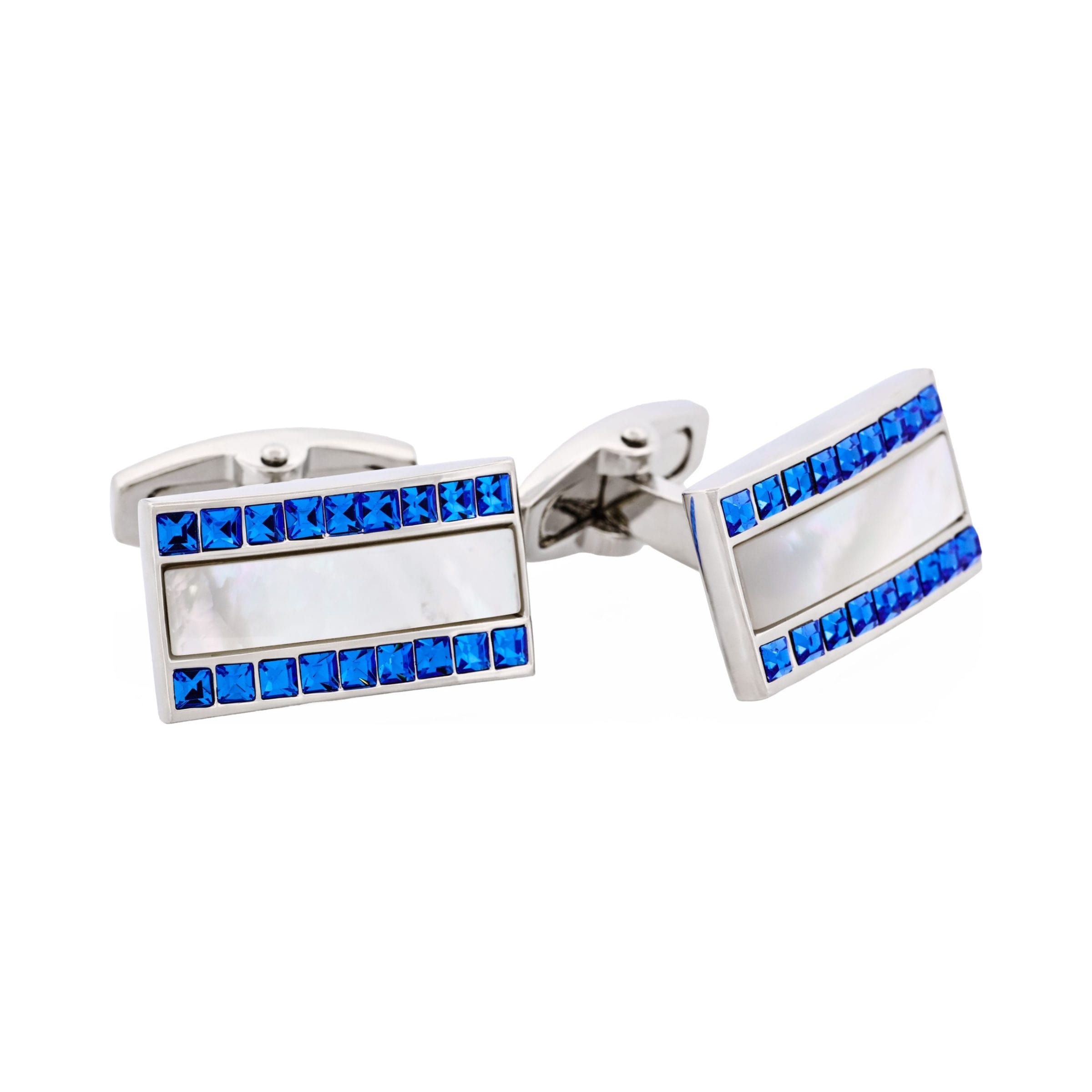Polished Rhodium with Mother Of Pearl & Blue Sapphire Crystal Rectangle Cufflinks