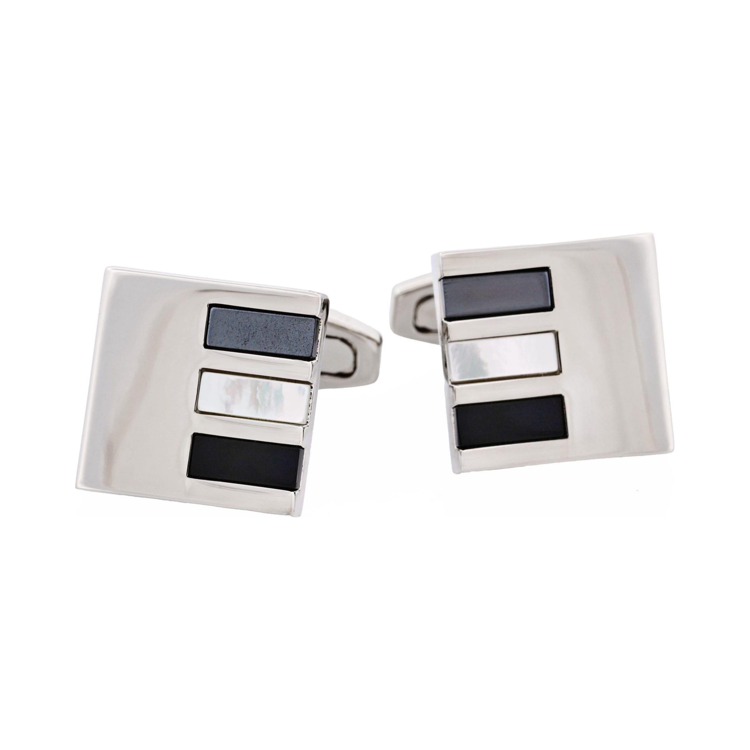 Polished Rhodium Square with Hematite & Mother Of Pearl & Onyx Cufflinks