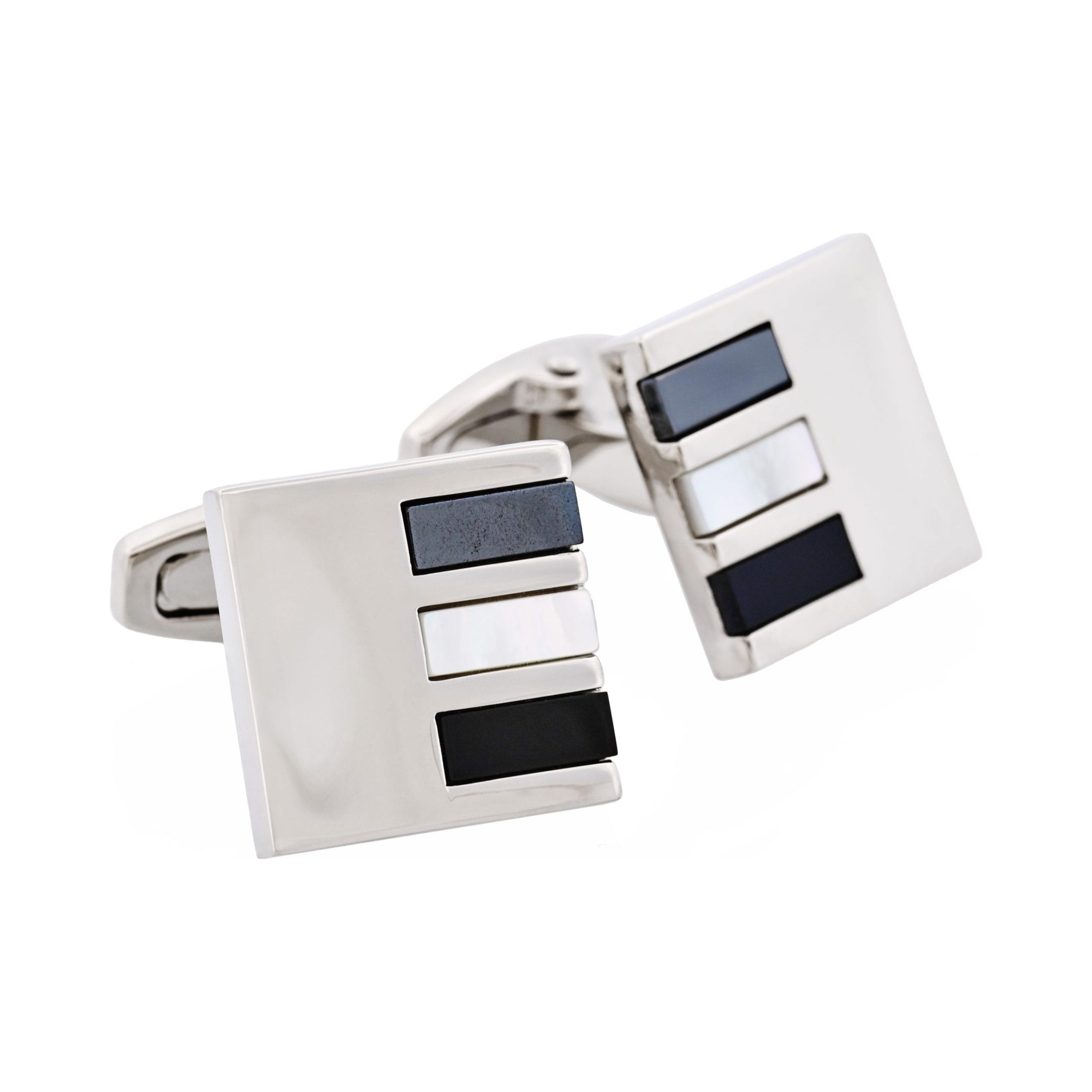 Polished Rhodium Square with Hematite & Mother Of Pearl & Onyx Cufflinks