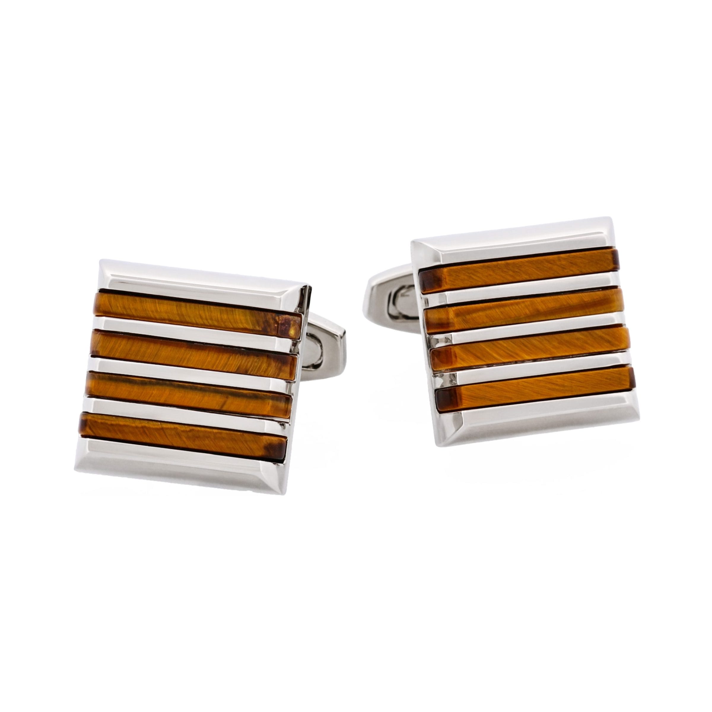 Polished Rhodium Plated Square Cufflinks with 4 Tiger Eye Striped Inlays