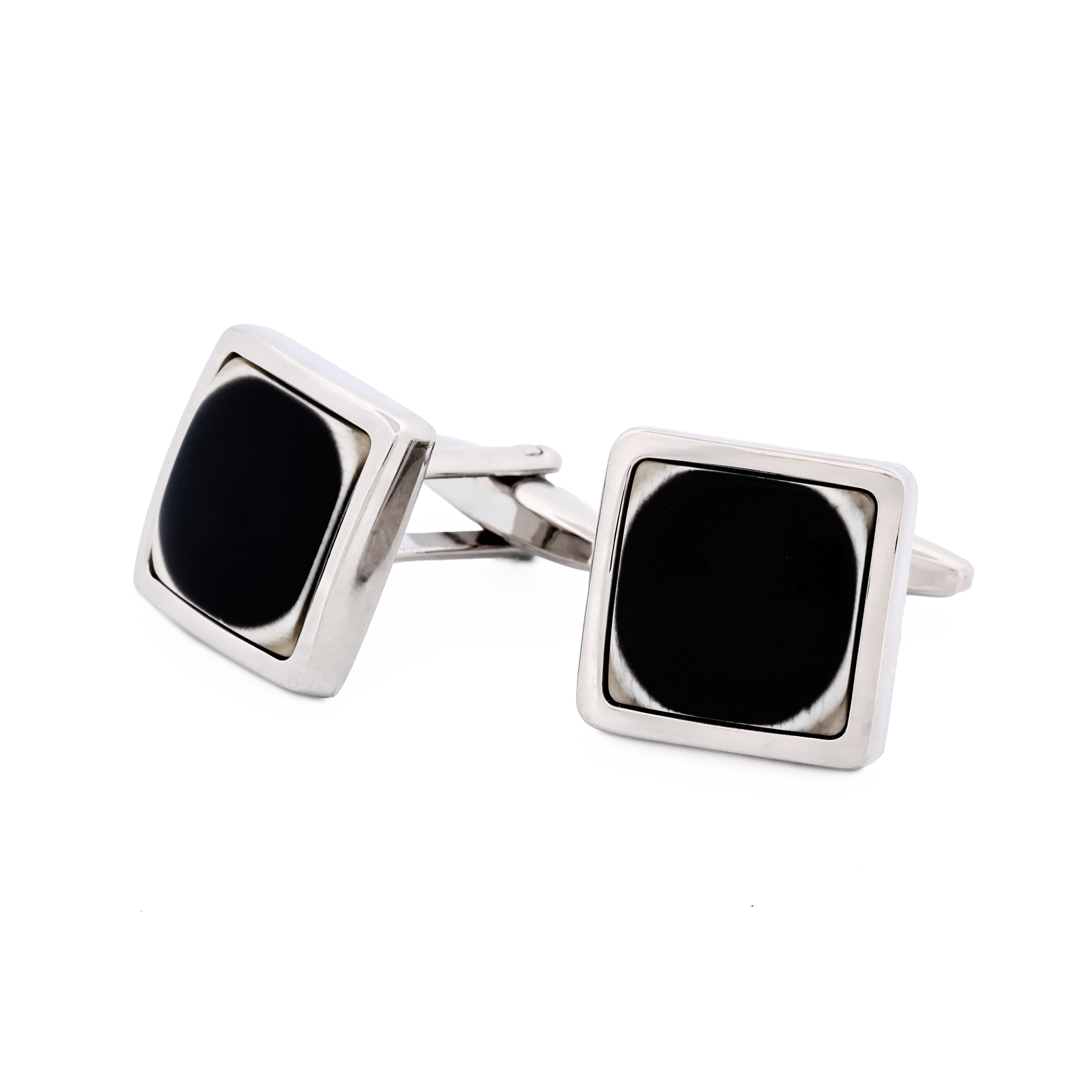 Polished Rhodium Plated Square Black & White Resin Cufflinks