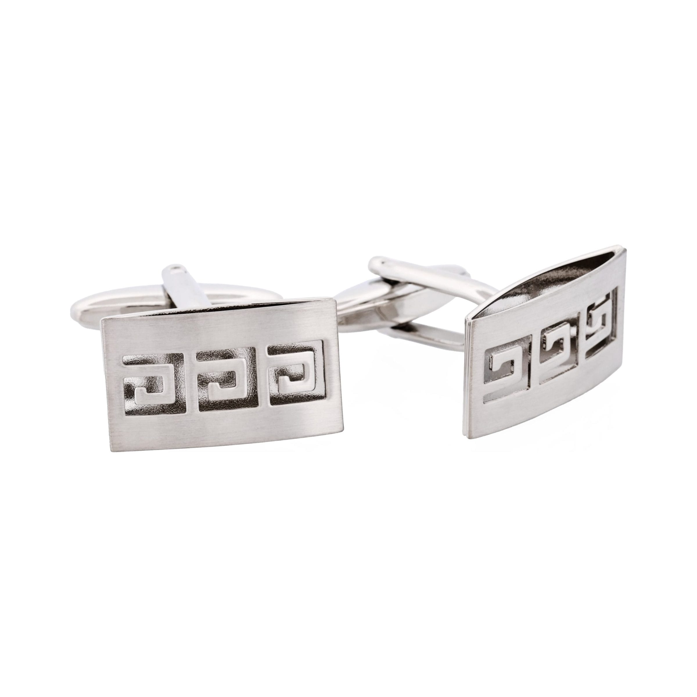 Brushed Rhodium Plated & Cutout Greek Key Patterned Cufflinks