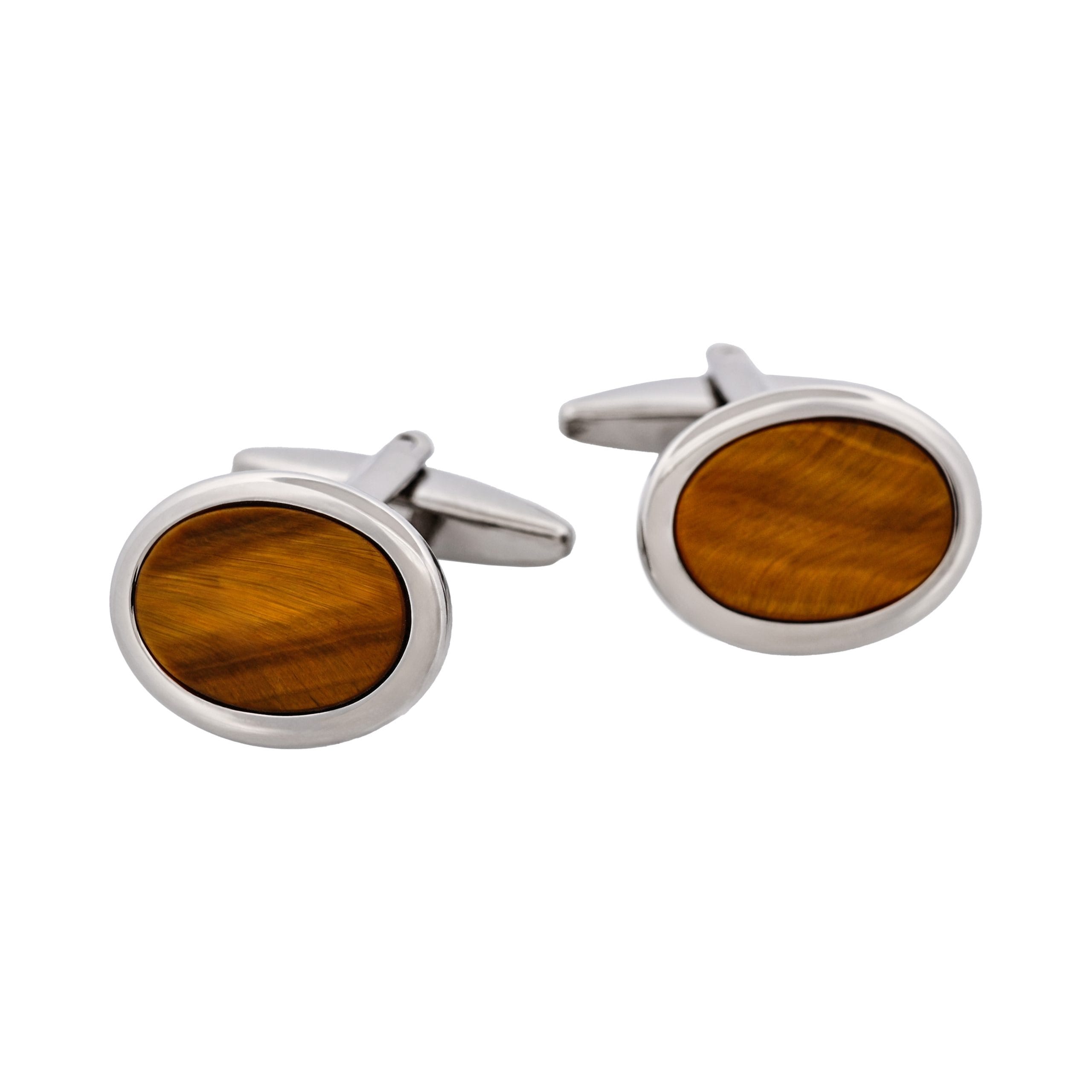 Rhodium Plated Tiger Eye Oval Cufflinks