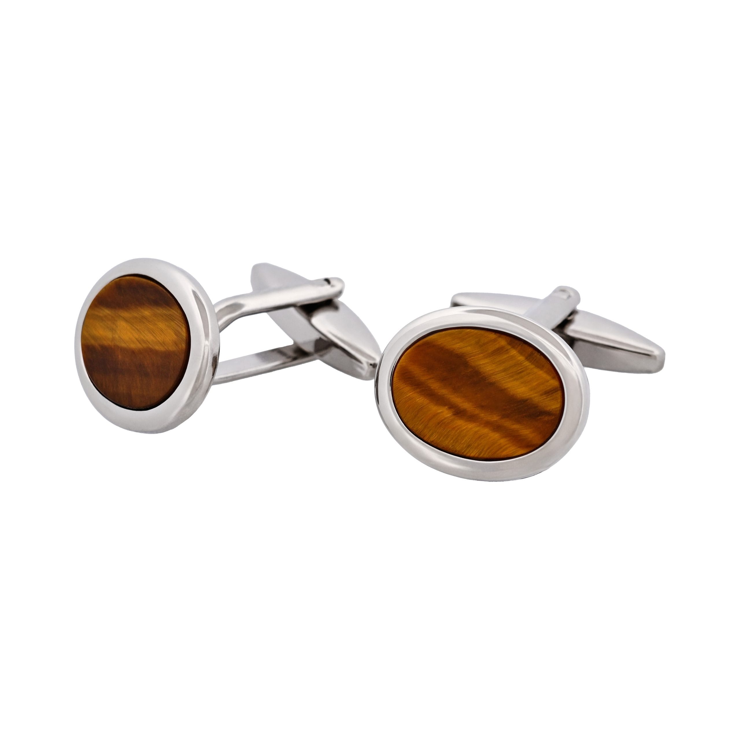 Rhodium Plated Tiger Eye Oval Cufflinks