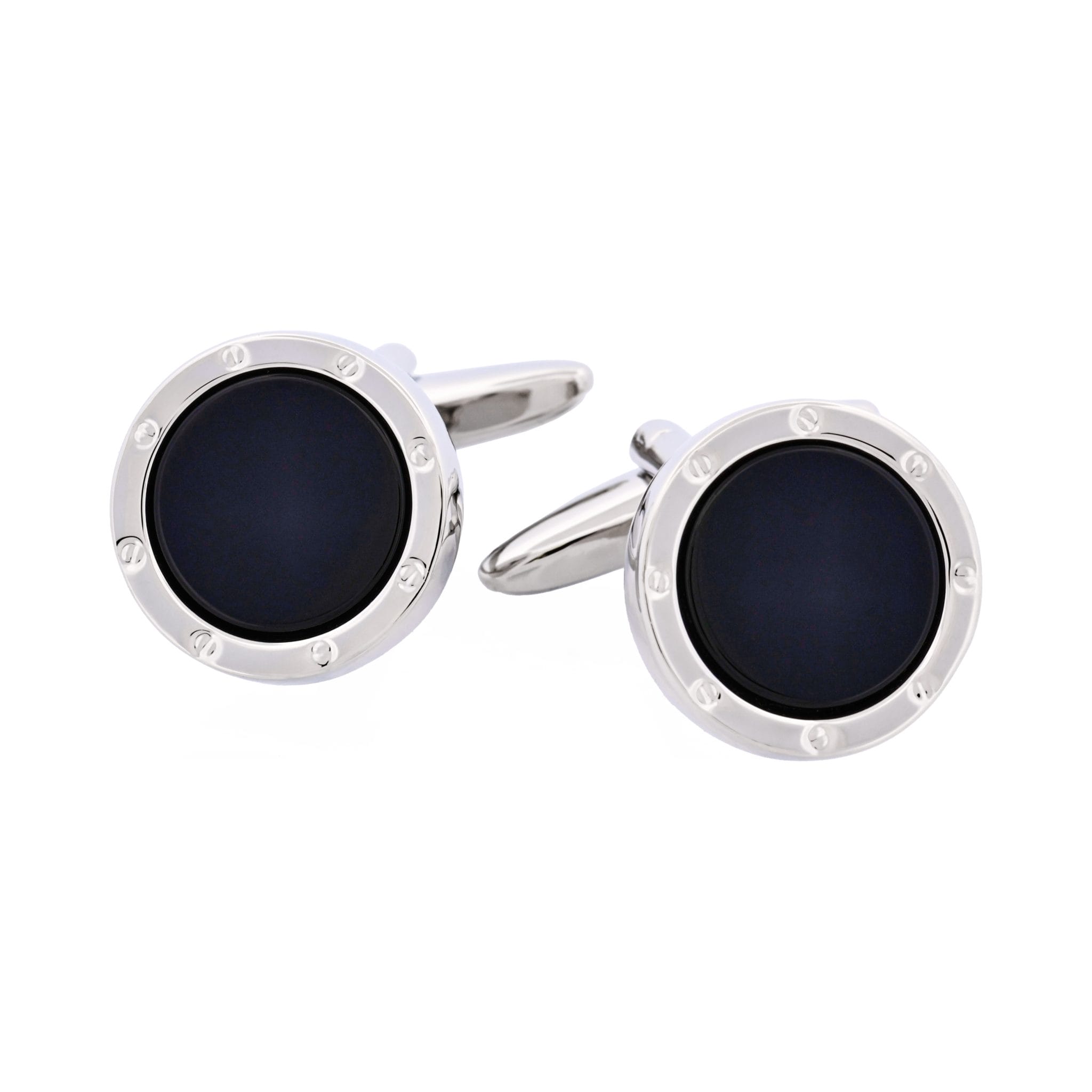 Rhodium Plated & Round Onyx Cufflinks with Screws