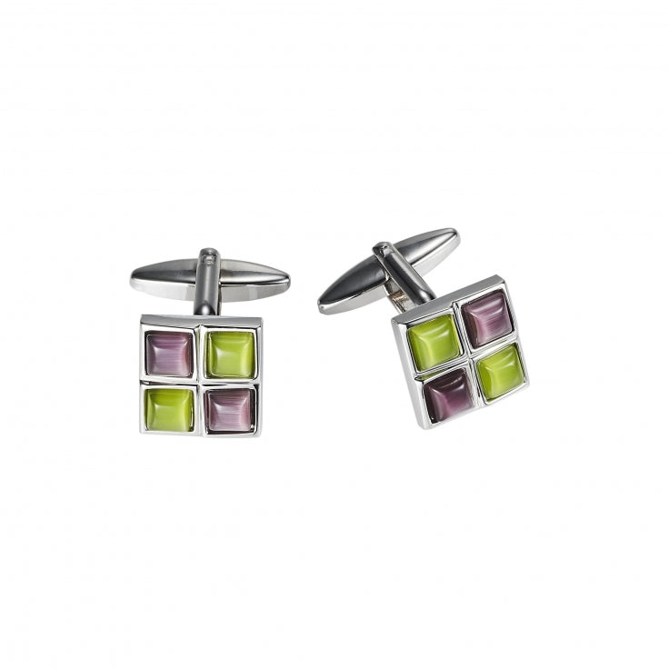 Polished Rhodium Plated Square Cufflinks with 2 Maroon & 2 Charteuse Cat's Eye Inlays