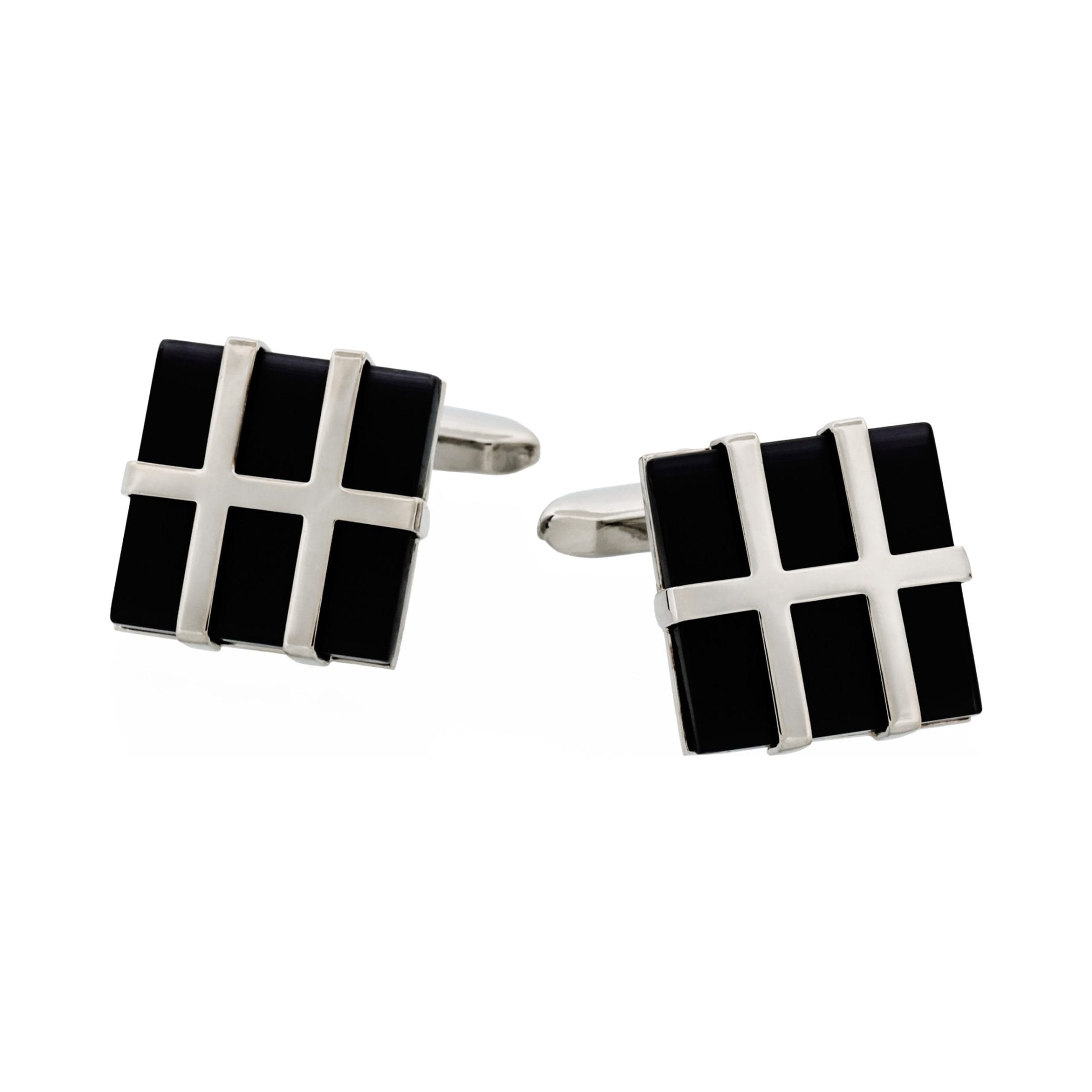 Rhodium Plated Grid Pattern & Black Cat's Eye Cufflinks