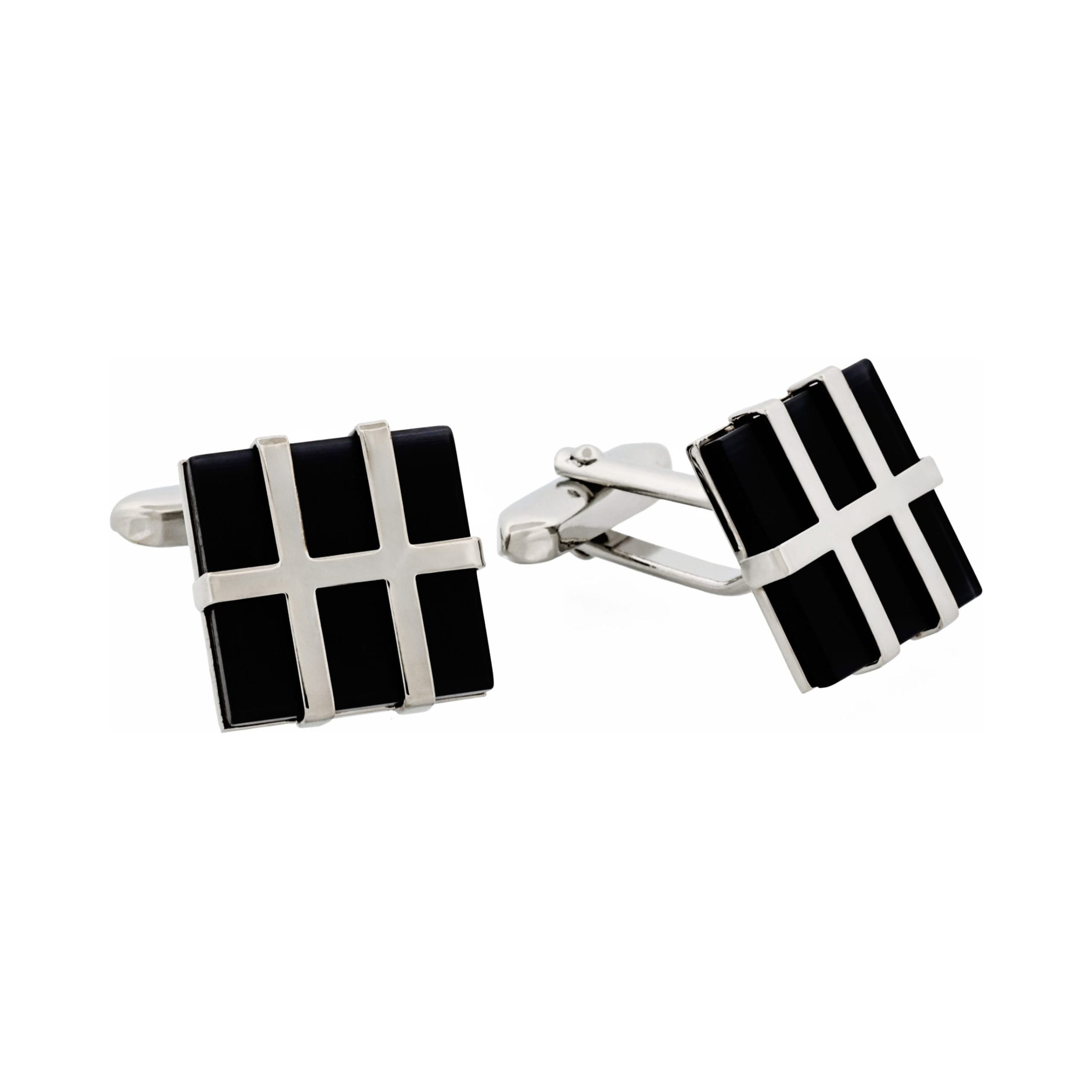 Rhodium Plated Grid Pattern & Black Cat's Eye Cufflinks