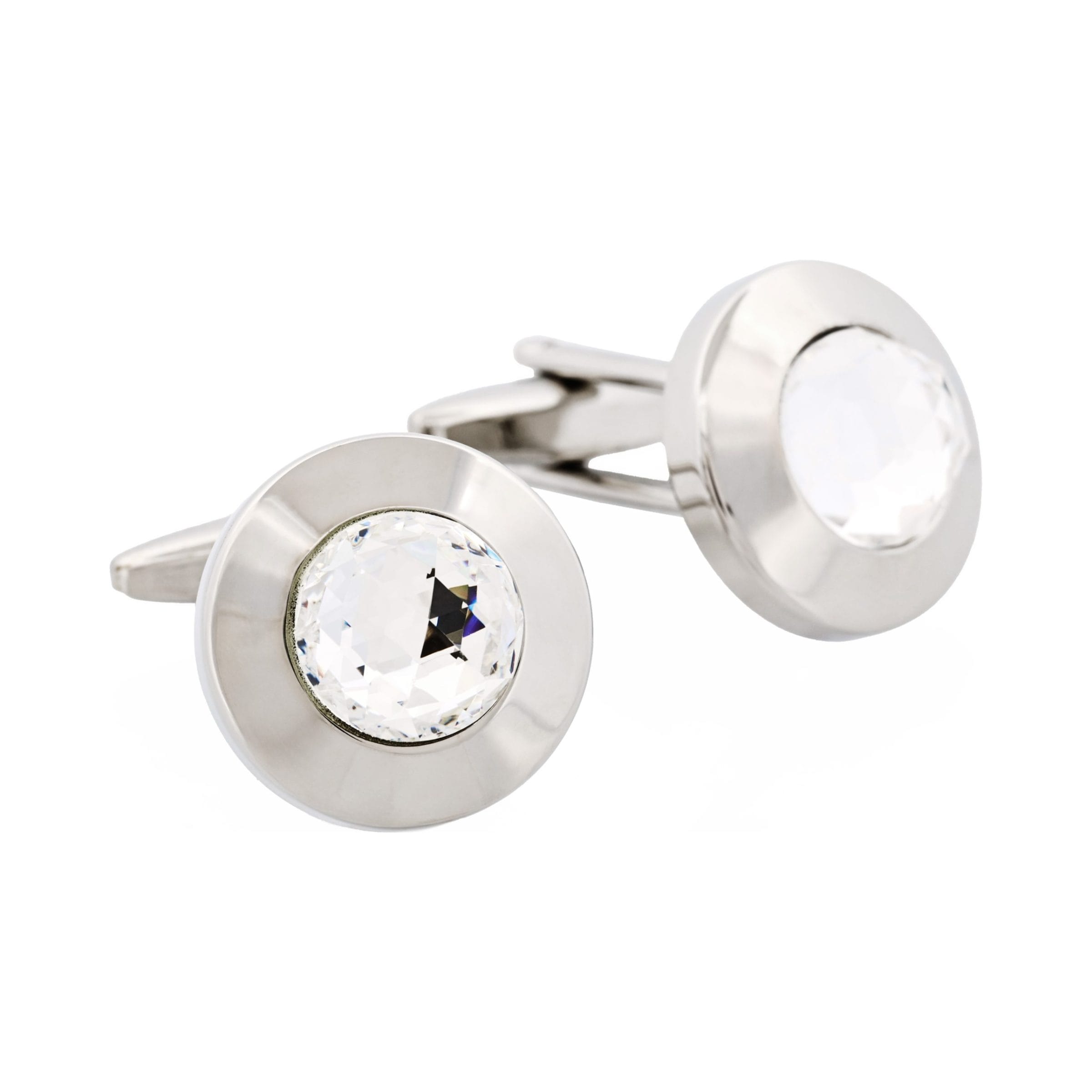 Polished Rhodium Round Large Crystal Centre Cufflinks